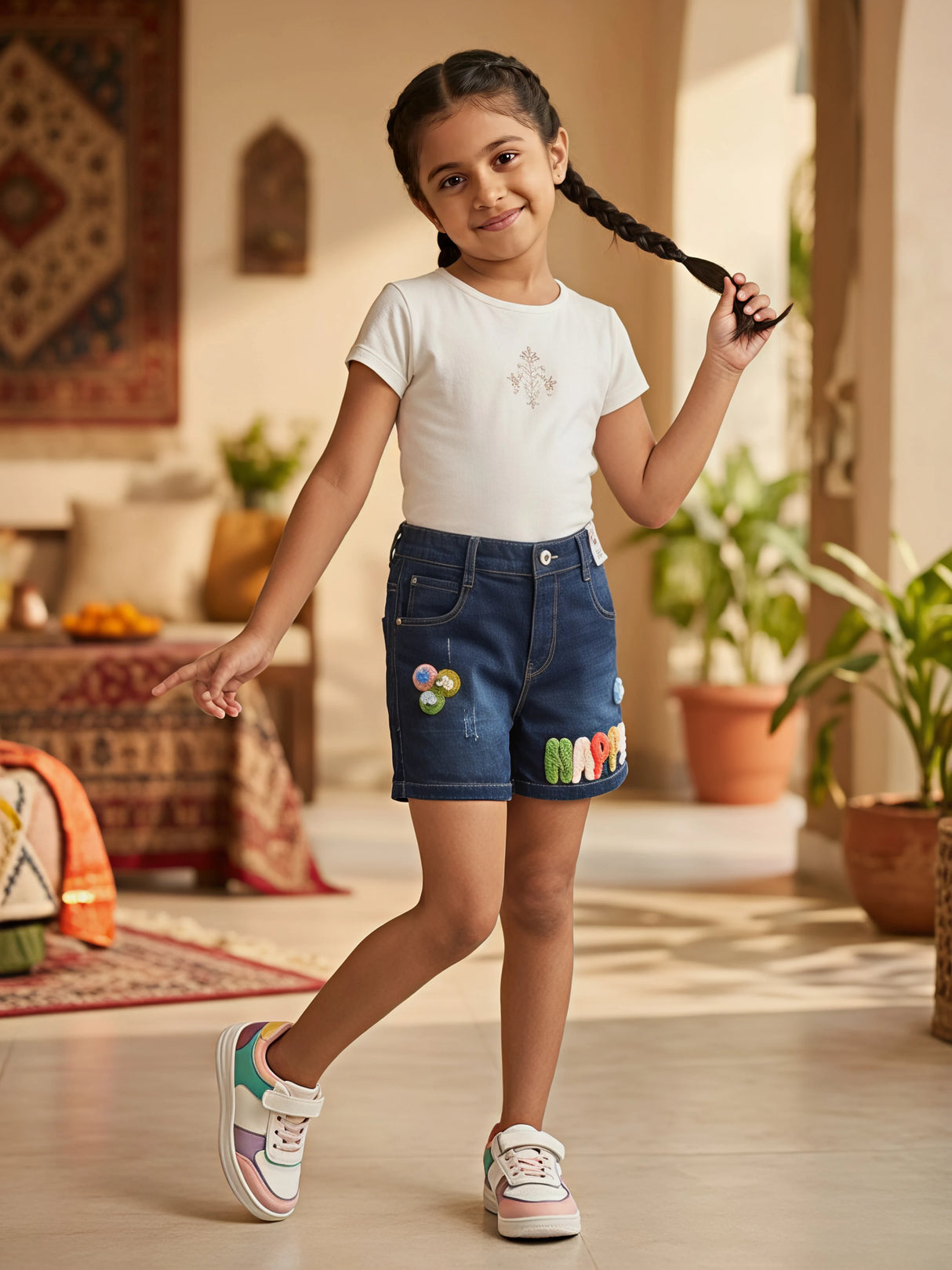 Girls Navy Blue "HAPPY" Appliqué Denim Shorts
