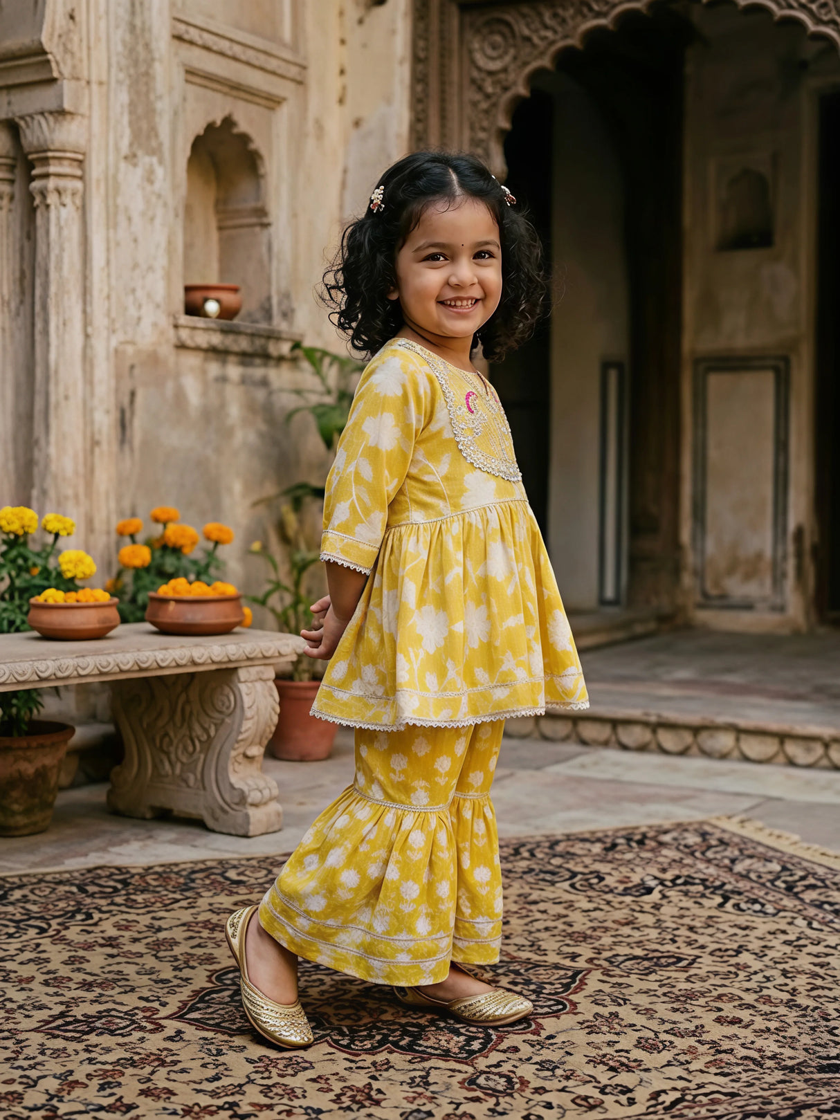 Baby Girls' Mustard Yellow Floral Print Kurti and Ruffled Plazzo Set