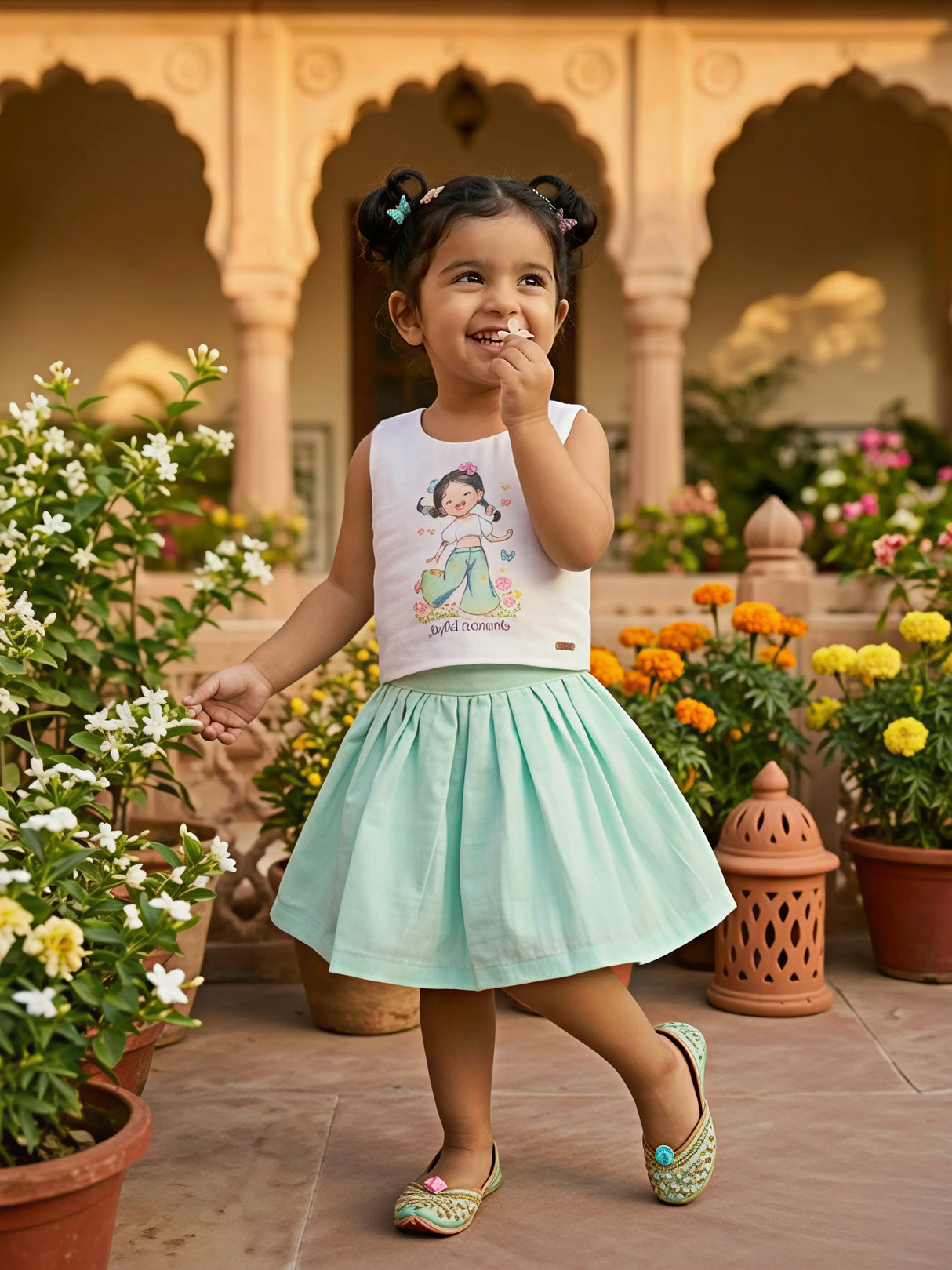 Girls' Mint Green Pleated Skirt & Graphic Tank Set