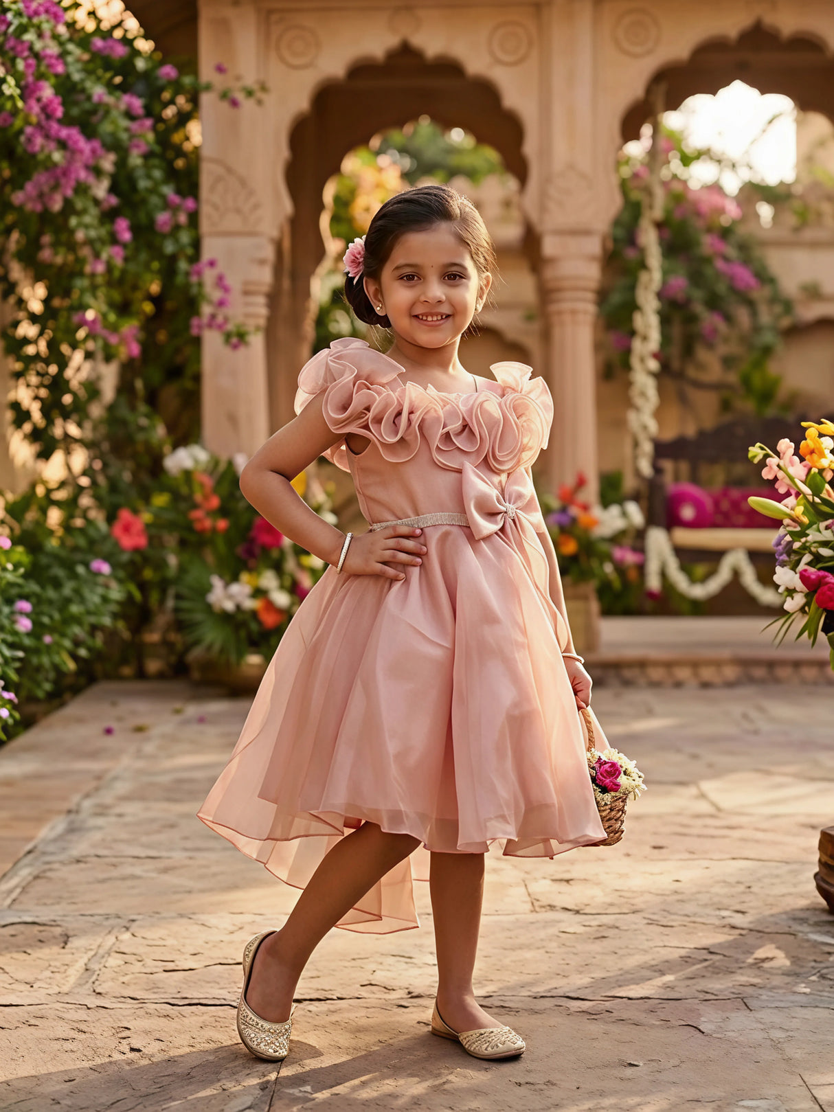 Elegant Brown Ruffle Party Frock for Girls