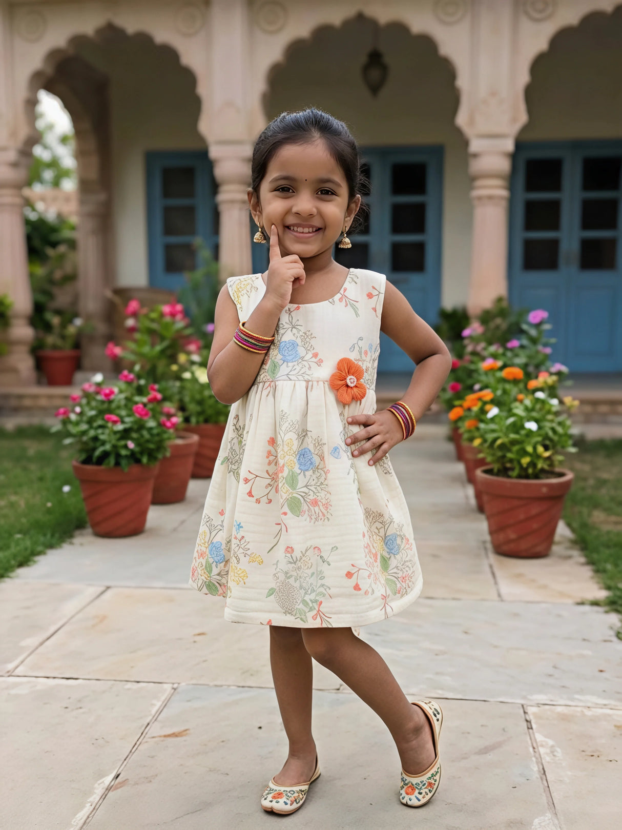 Floral Printed Cream Cotton Frock with Orange 3D Flower