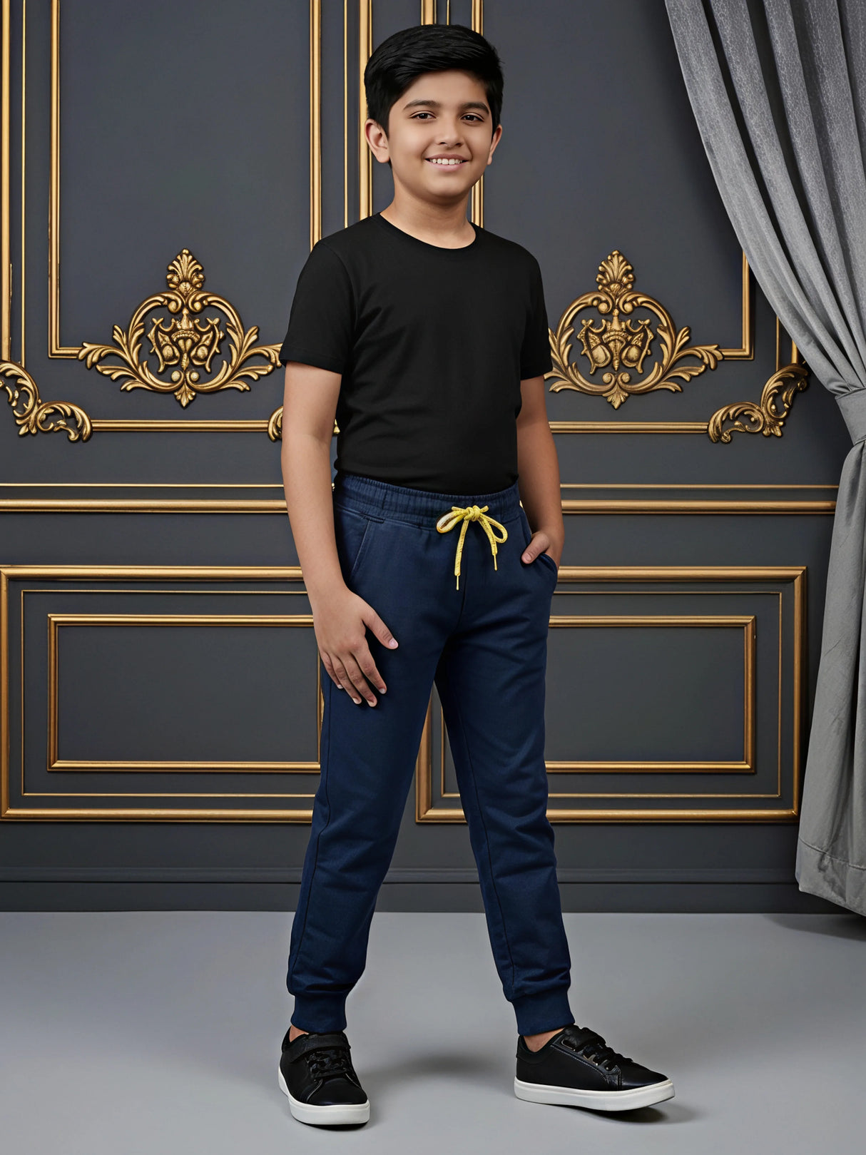 Boys' Navy Blue Comfort Fit Joggers with Contrast Drawstring
