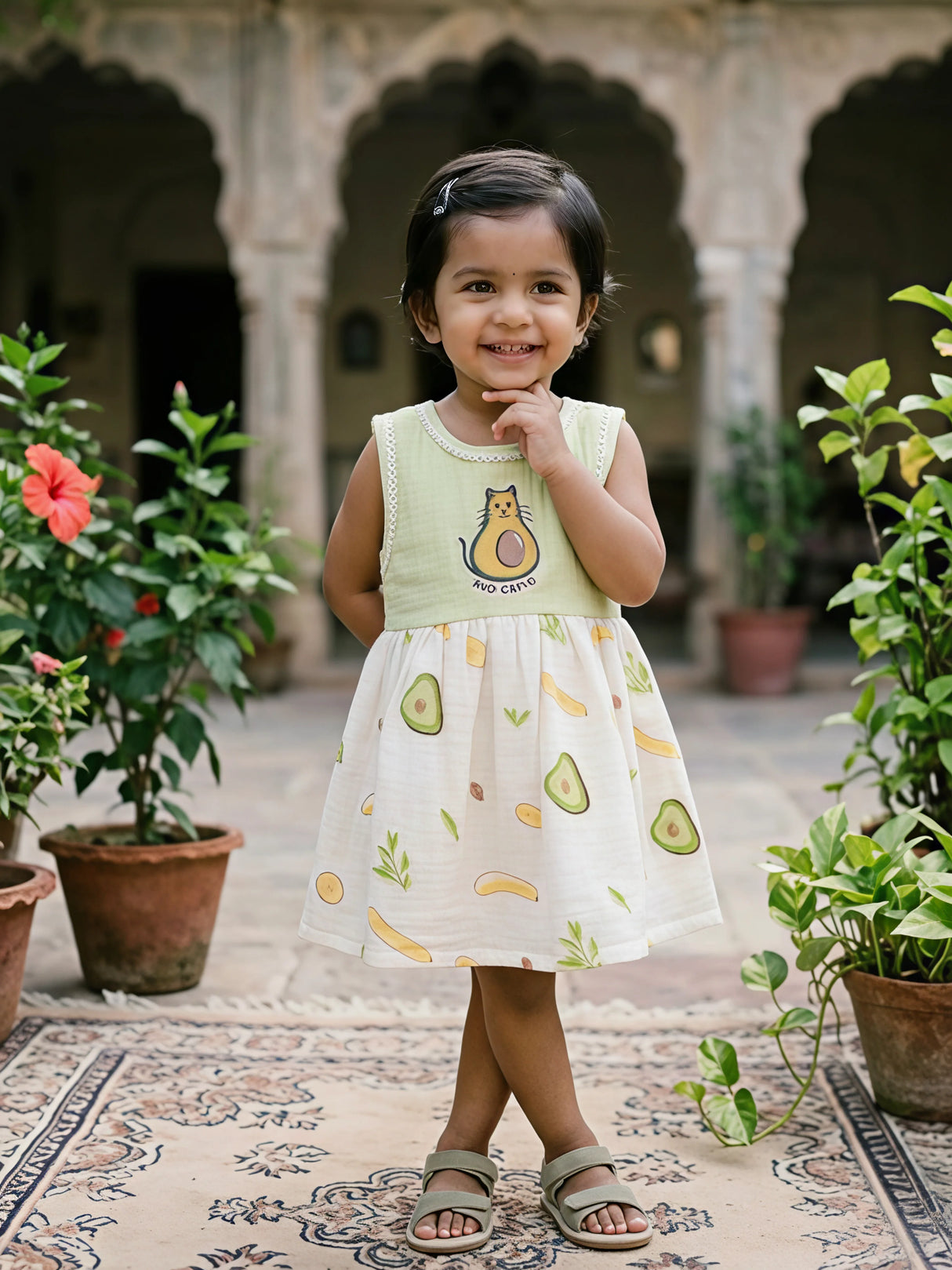 Girls' Mint Green Avo-Cat Cotton Frock