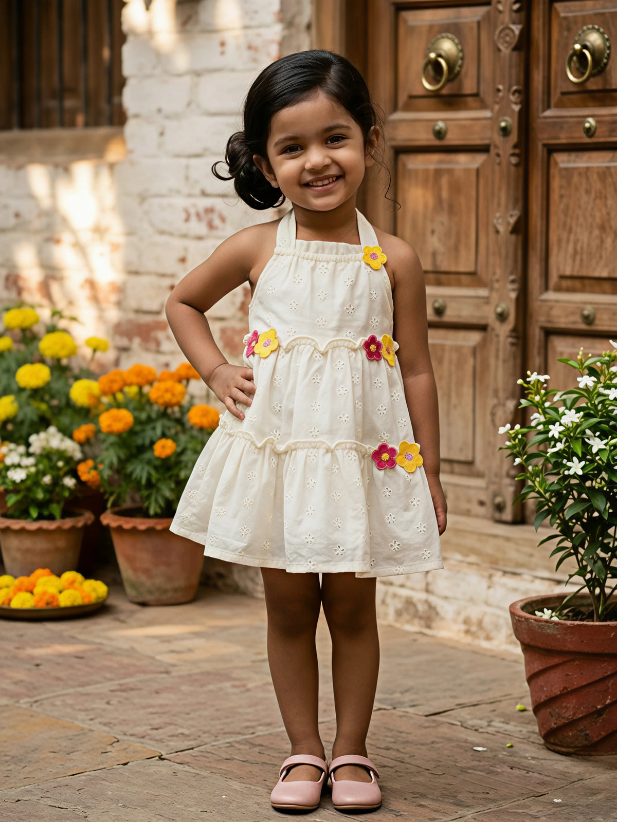 Little Girls' Sun-Kissed Yellow Floral Appliqué Cotton Frock