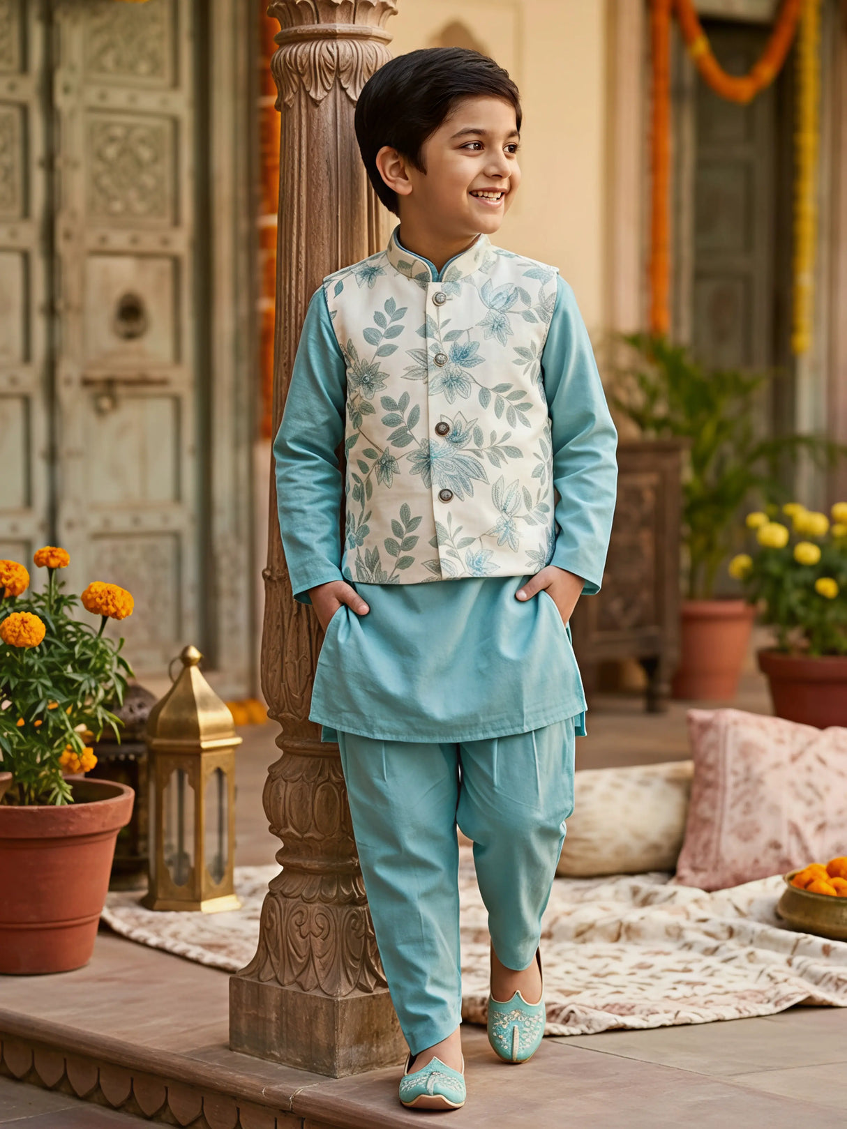 Boys Sea Green Kurta Set with Embroidered Floral Nehru Jacket