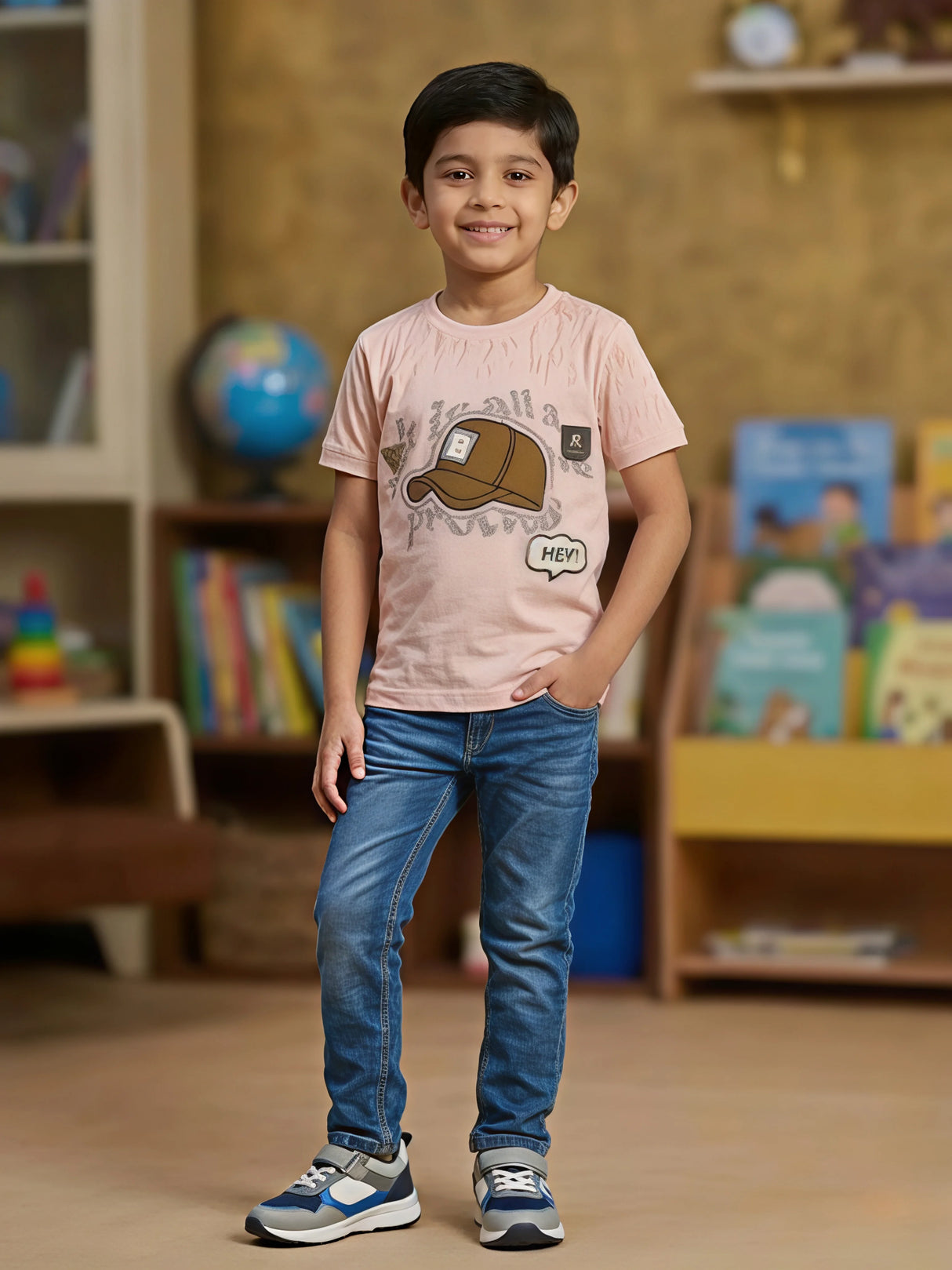 Boys' Peach Graphic Print Cotton T-Shirt