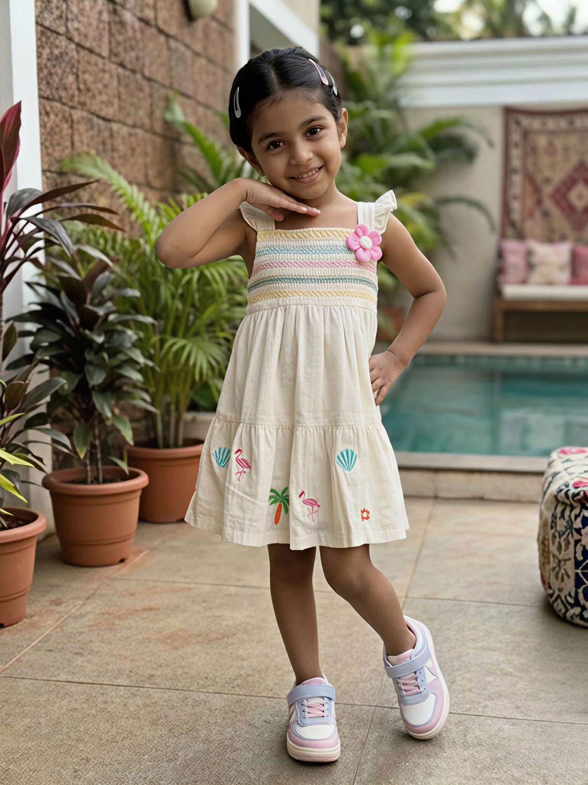 Girls' Cream Tropical Embroidered Cotton Frock