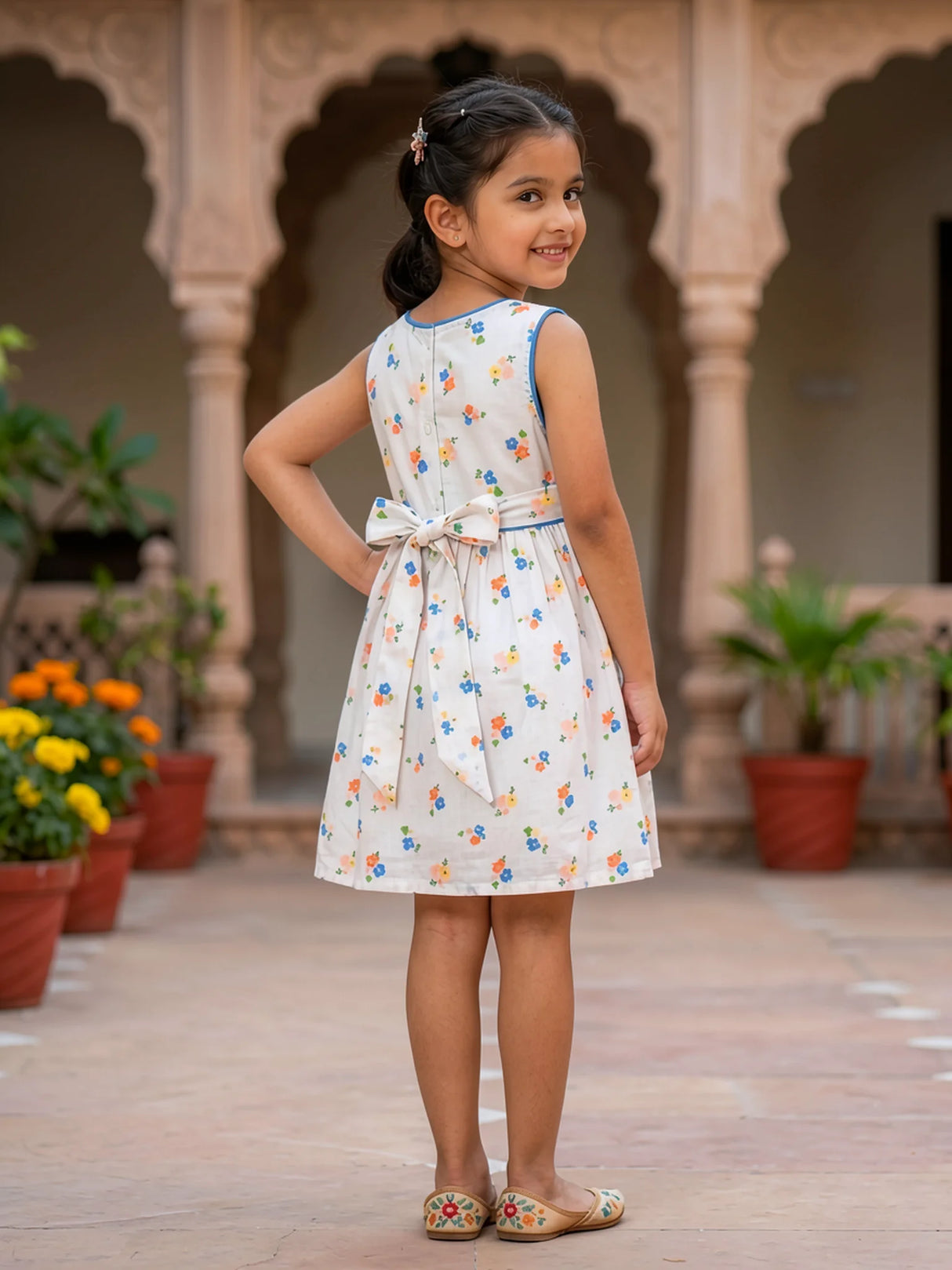 Girls Blue Floral Print Cotton Frock