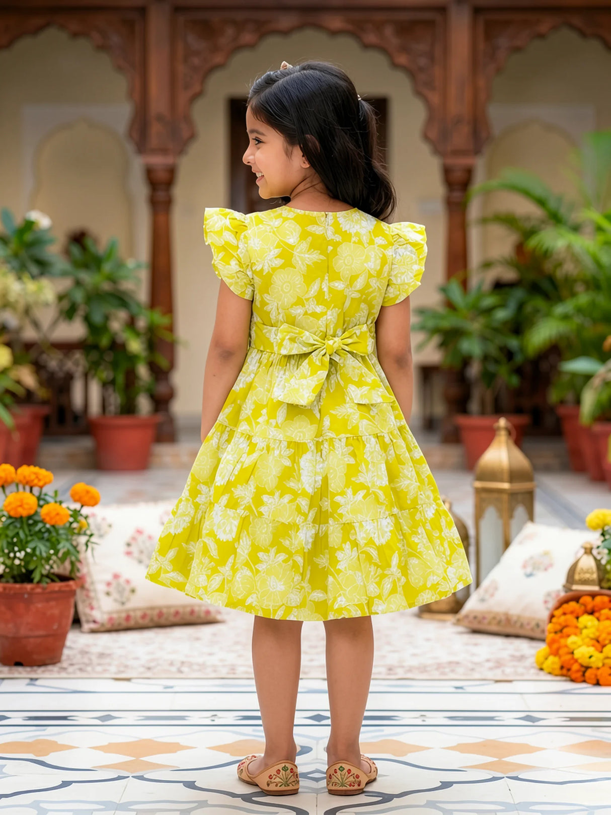Girls Lime Green Floral Tiered Cotton Frock