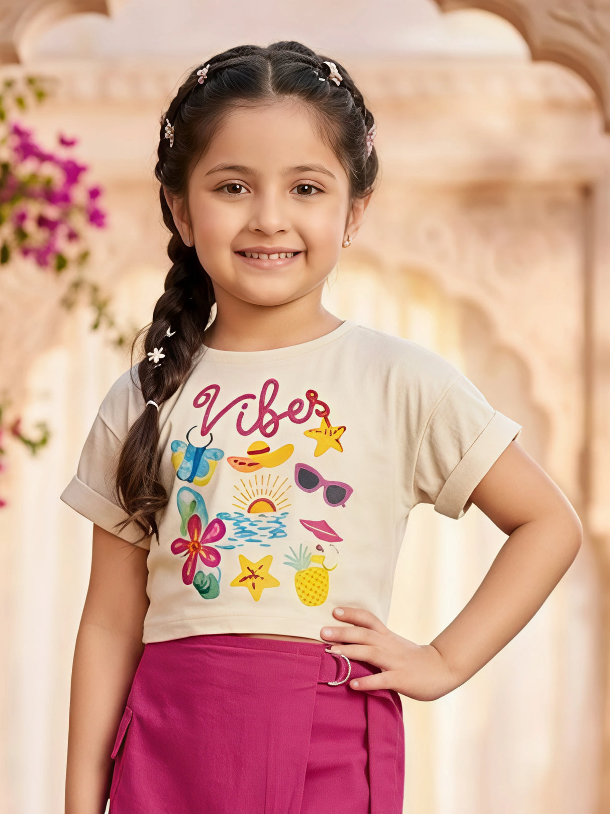 Girls Summer "Vibes" Graphic Tee and Pink Wrap Skirt Set.