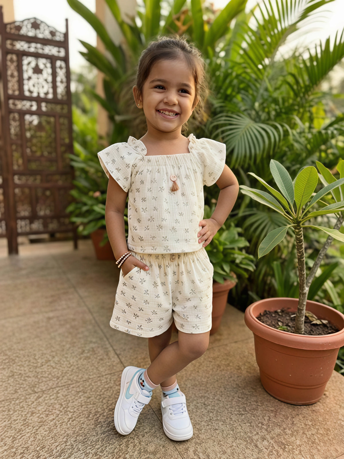 Elegant Floral Print Cream Cotton Co-ord Set