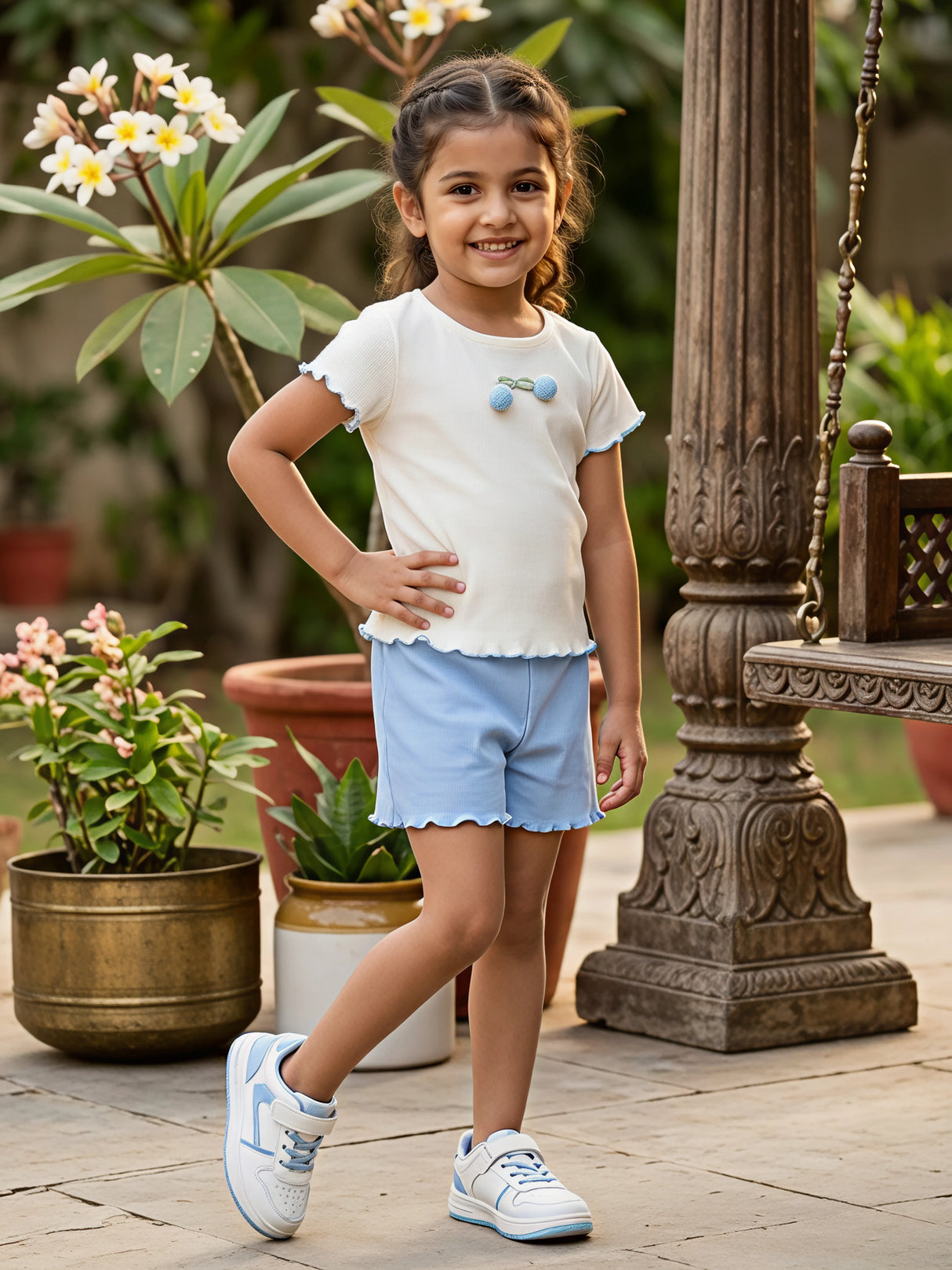 Girls' Ribbed Cotton Cream & Sky Blue Cherry Coordinate Set