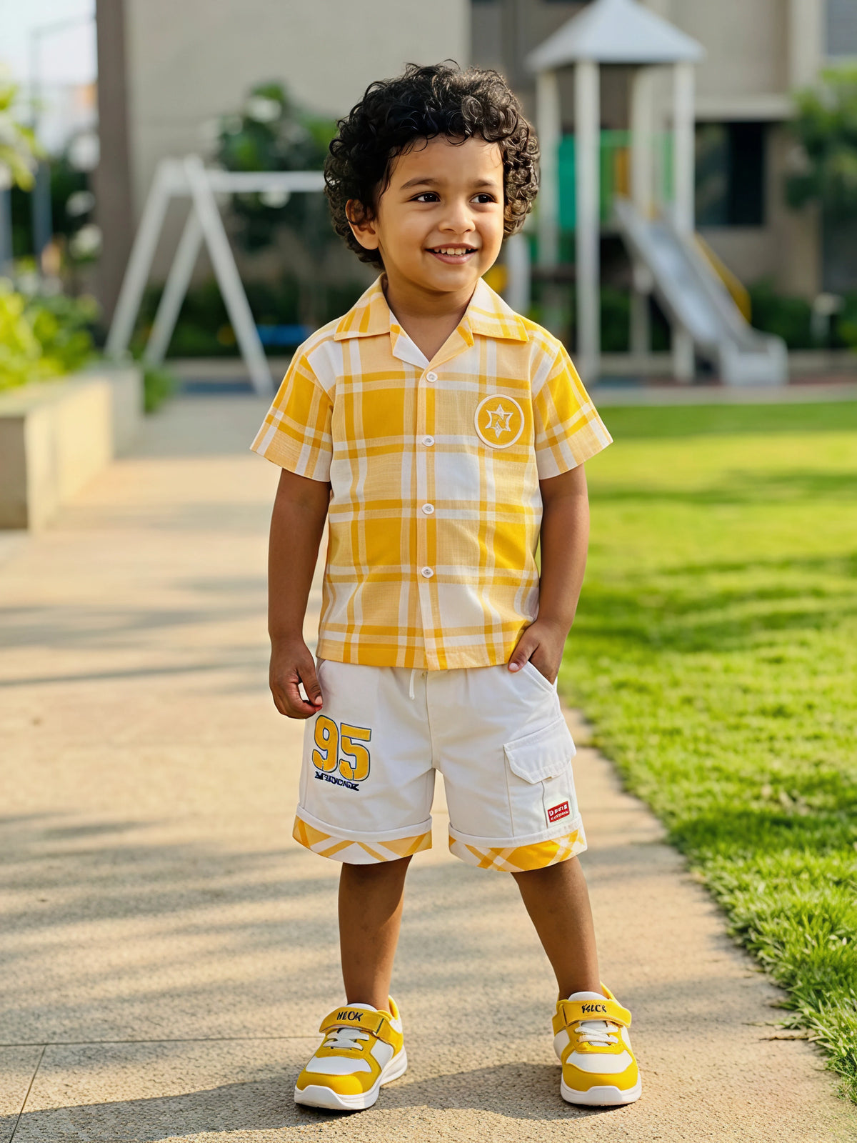 Boys' Sunshine Yellow Plaid Shirt and Cargo Shorts Co-ord Set