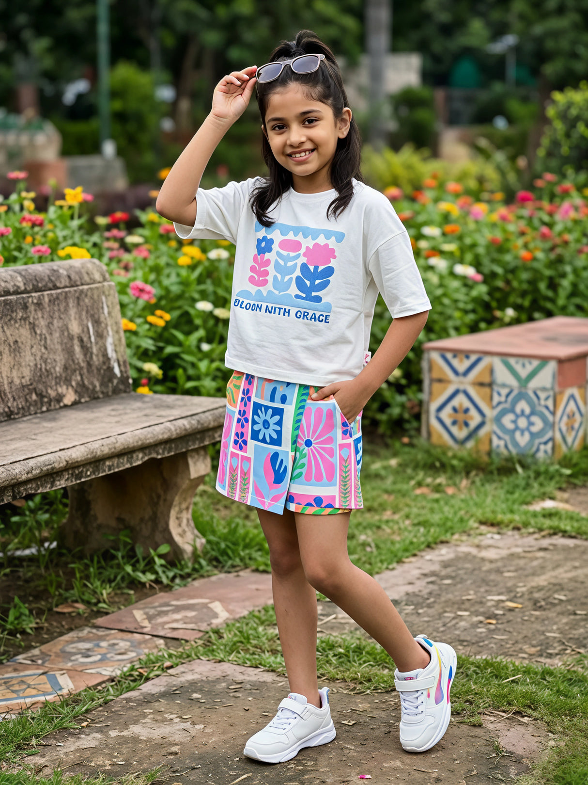 Girls Bloom With Grace Blue Graphic Top and Printed Skirt Set