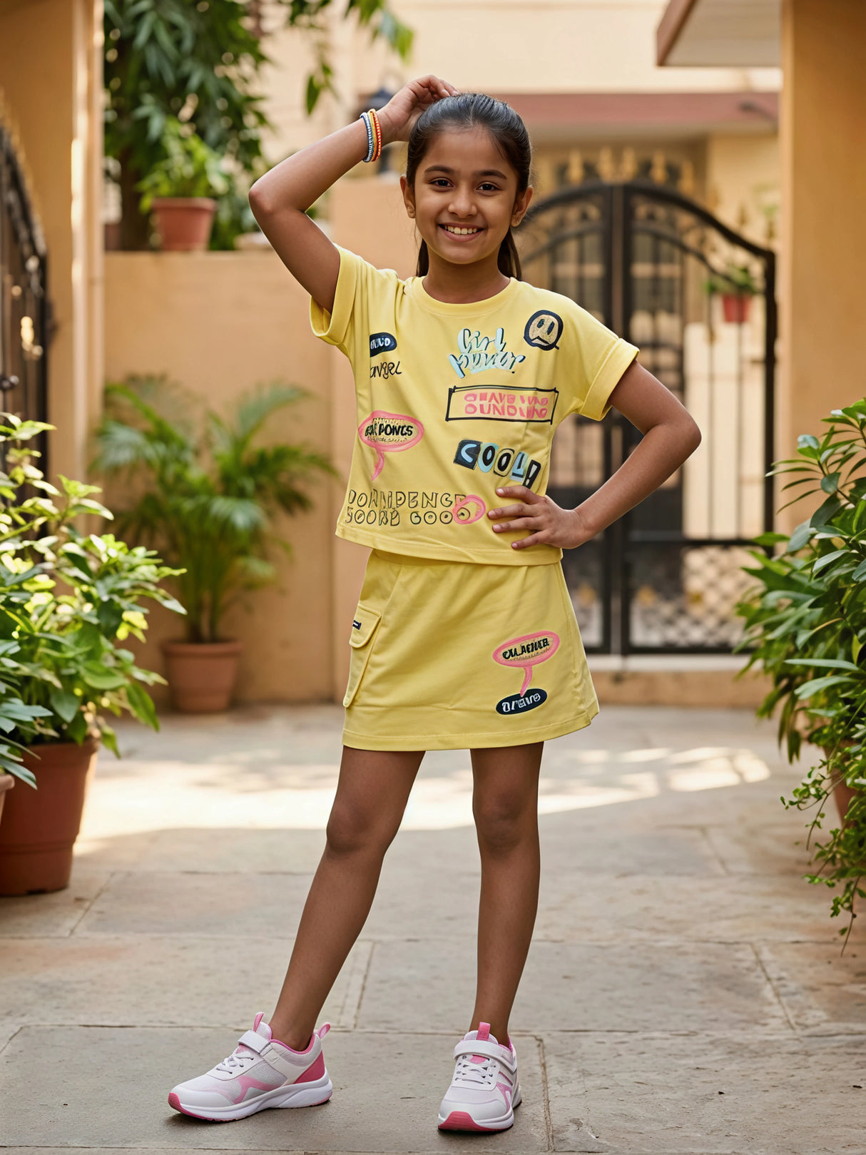Girls Vibrant Yellow Graphic Print Coordinate Set