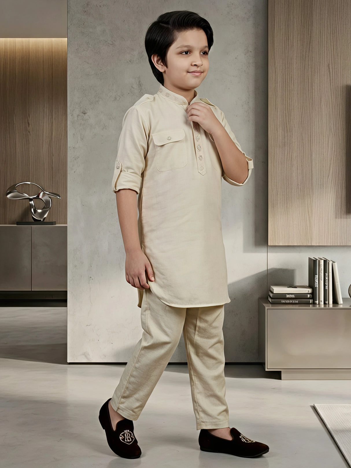Boys Cream Textured Pathani Kurta Set with Pocket Details