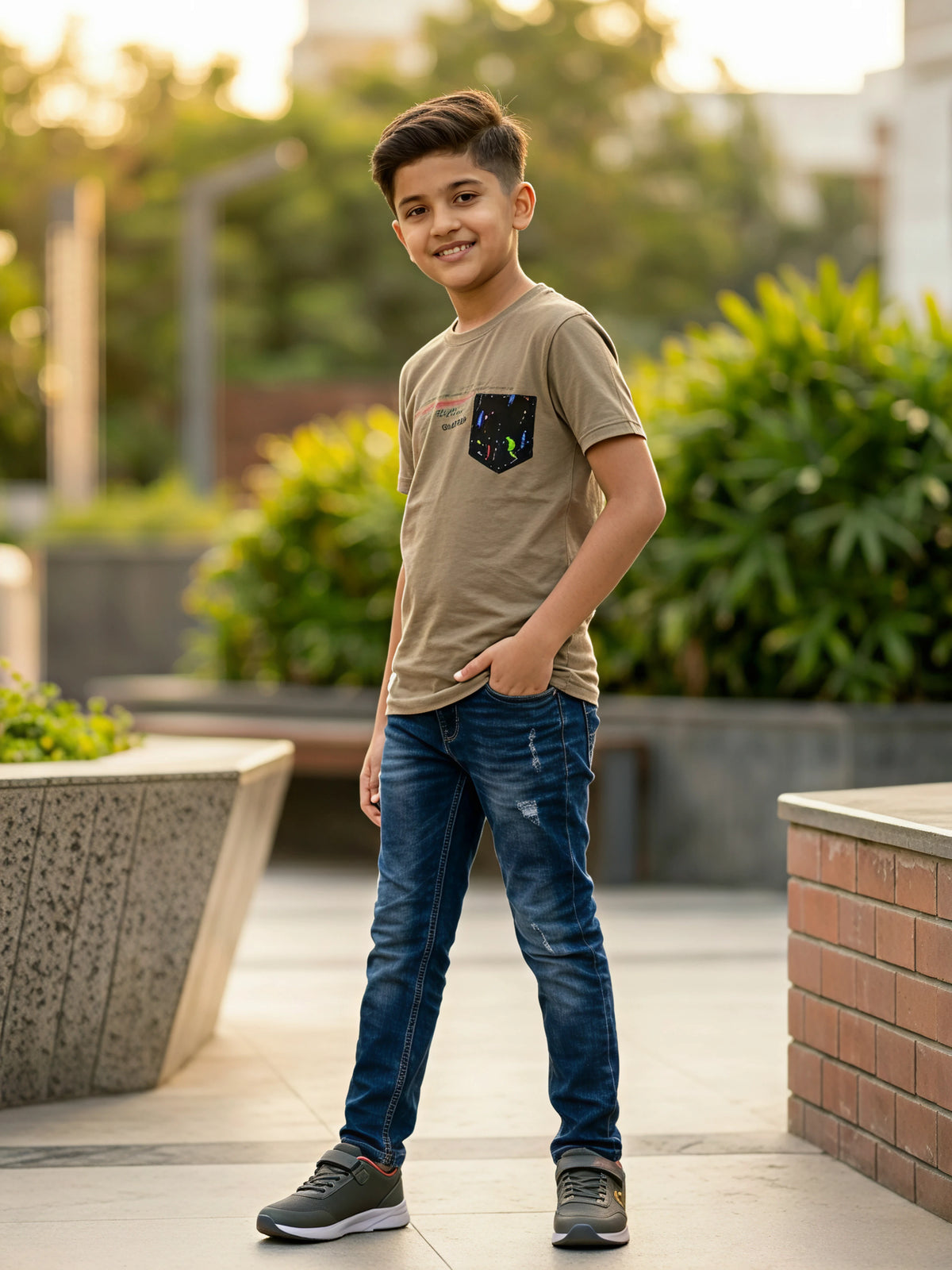 Boys Olive Green Graphic Pocket T-Shirt