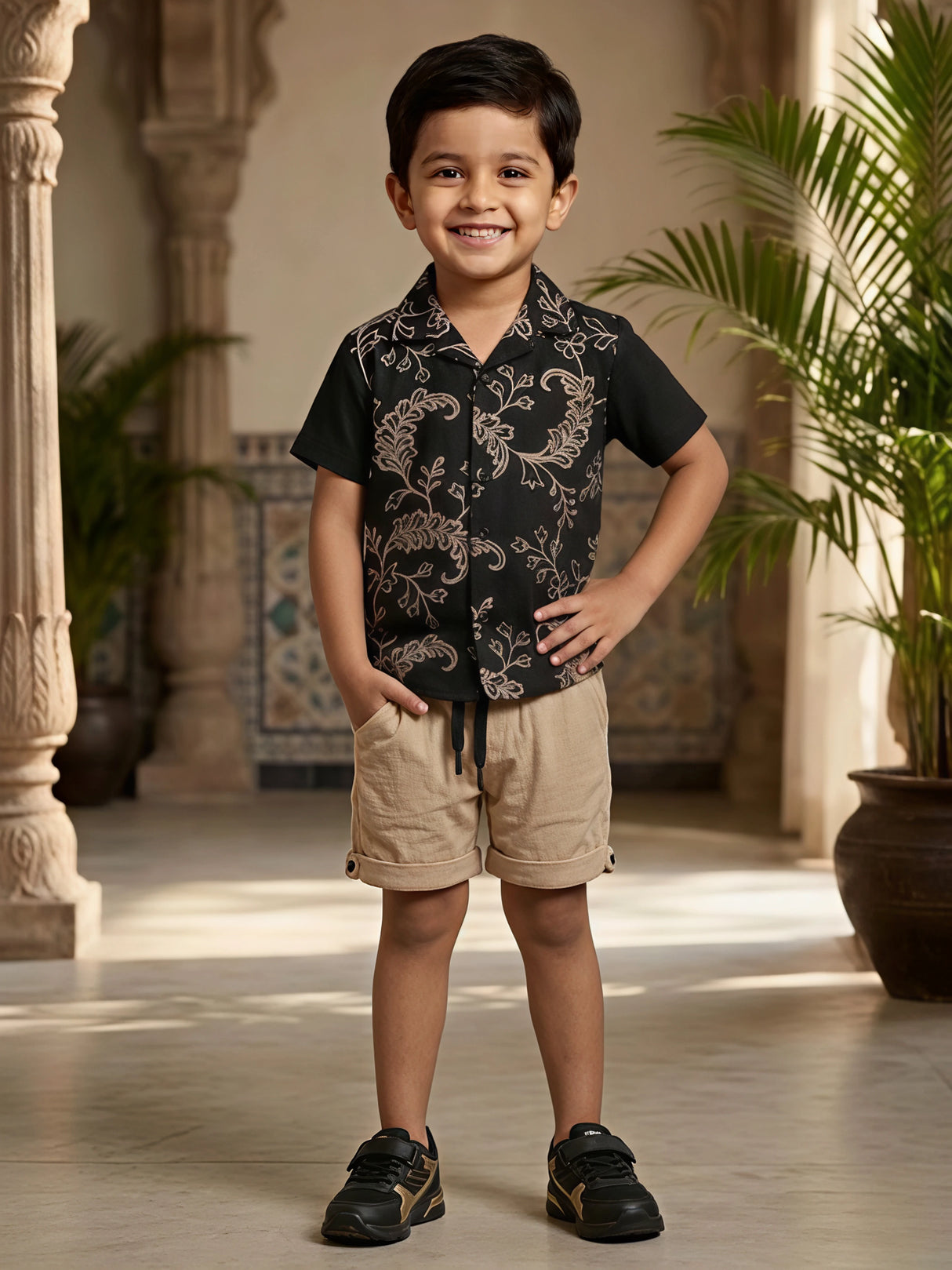Boys Black Floral Print Cuban Collar Shirt and Beige Shorts Co-ord Set