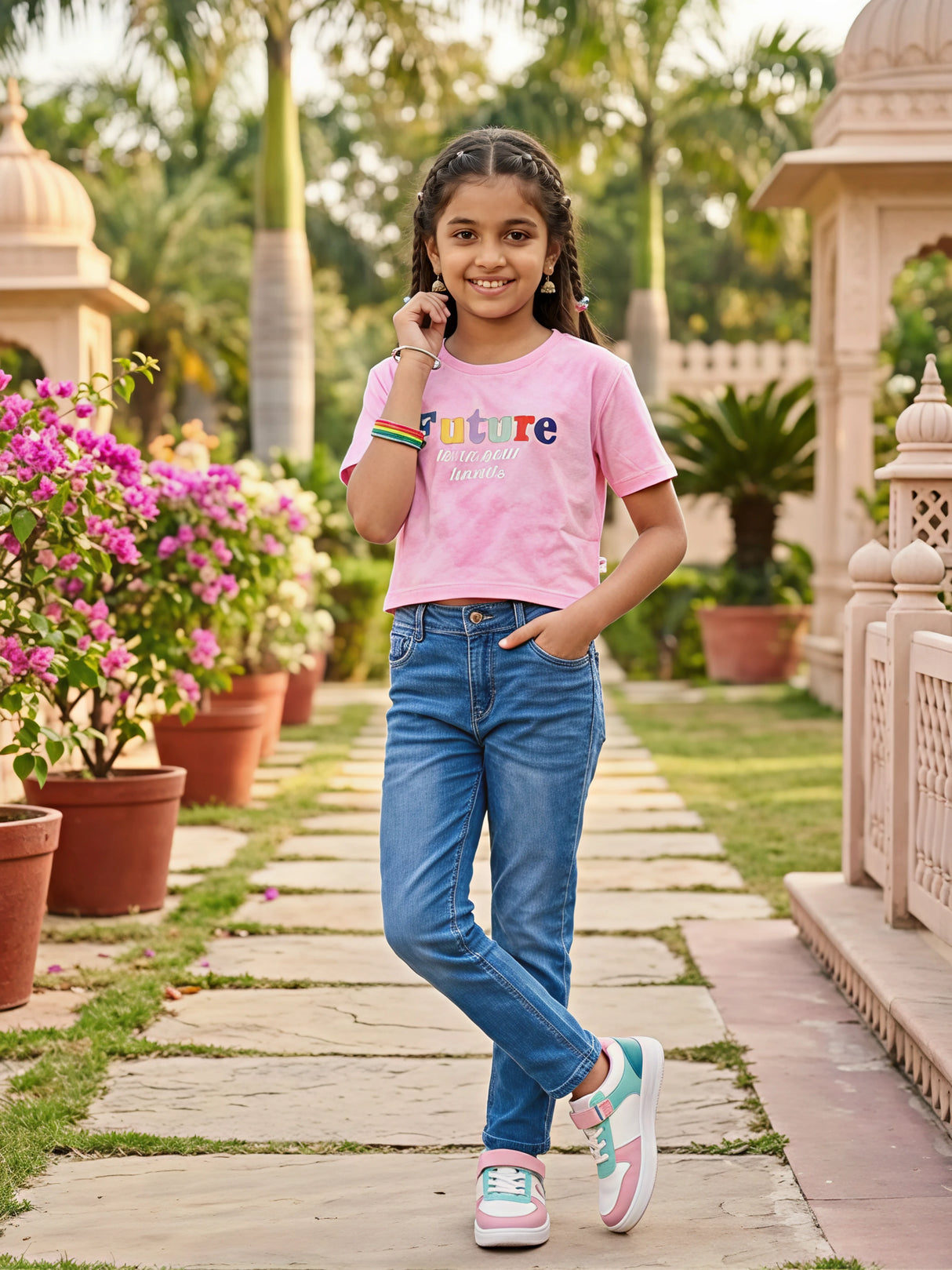 Girls' Pink "Future" Graphic Tie-Dye Crop Top