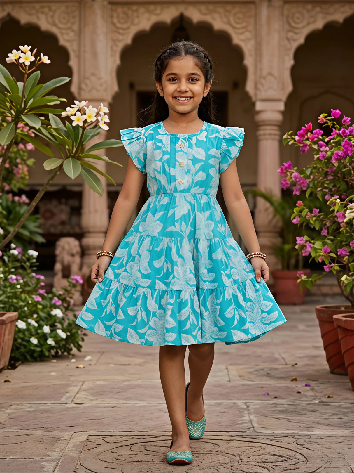 Girls' Sky Blue Leaf Print Tiered Cotton Frock with Ruffle Sleeves