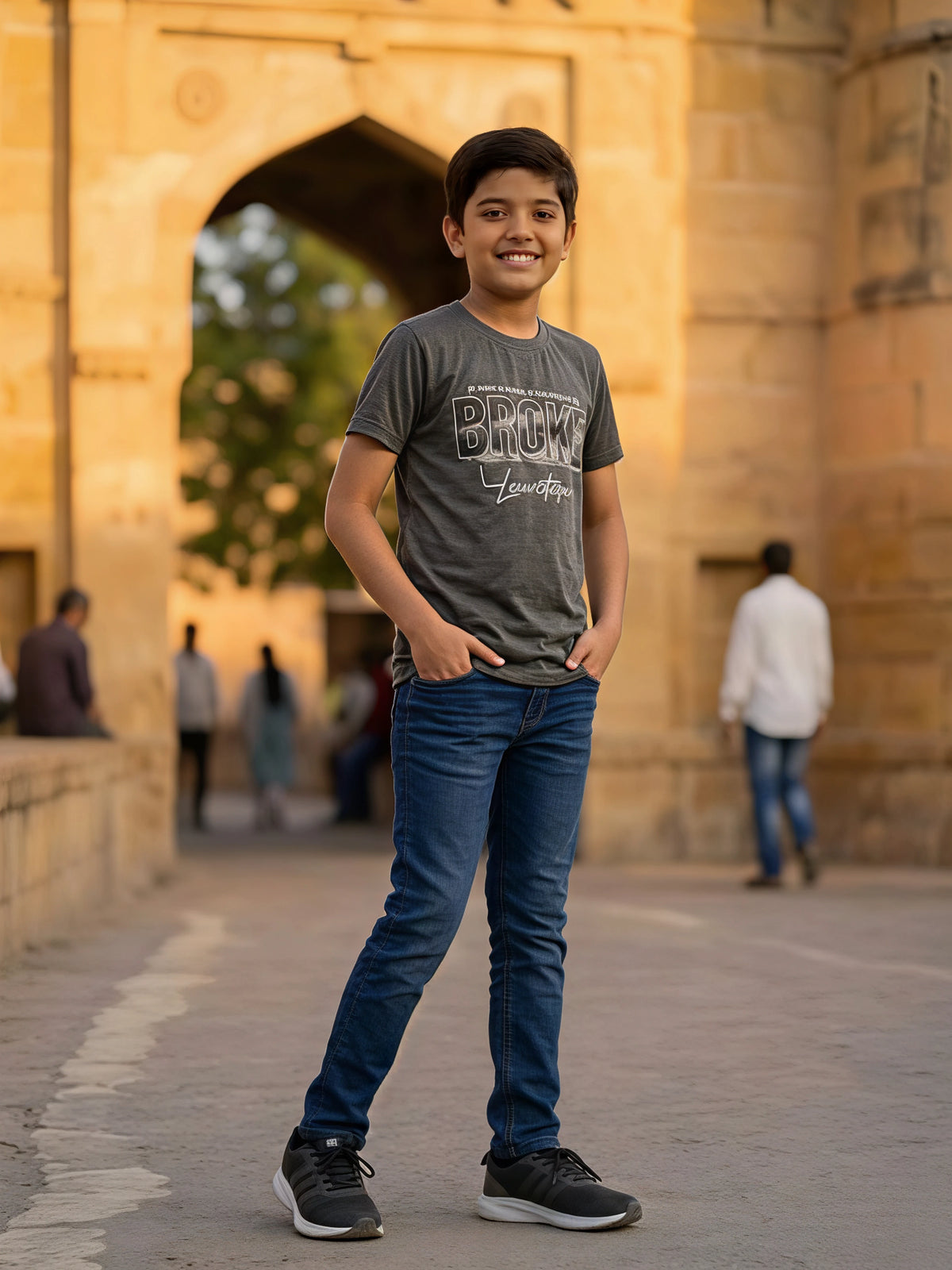 Boys Dark Grey Graphic Print Cotton T-Shirt