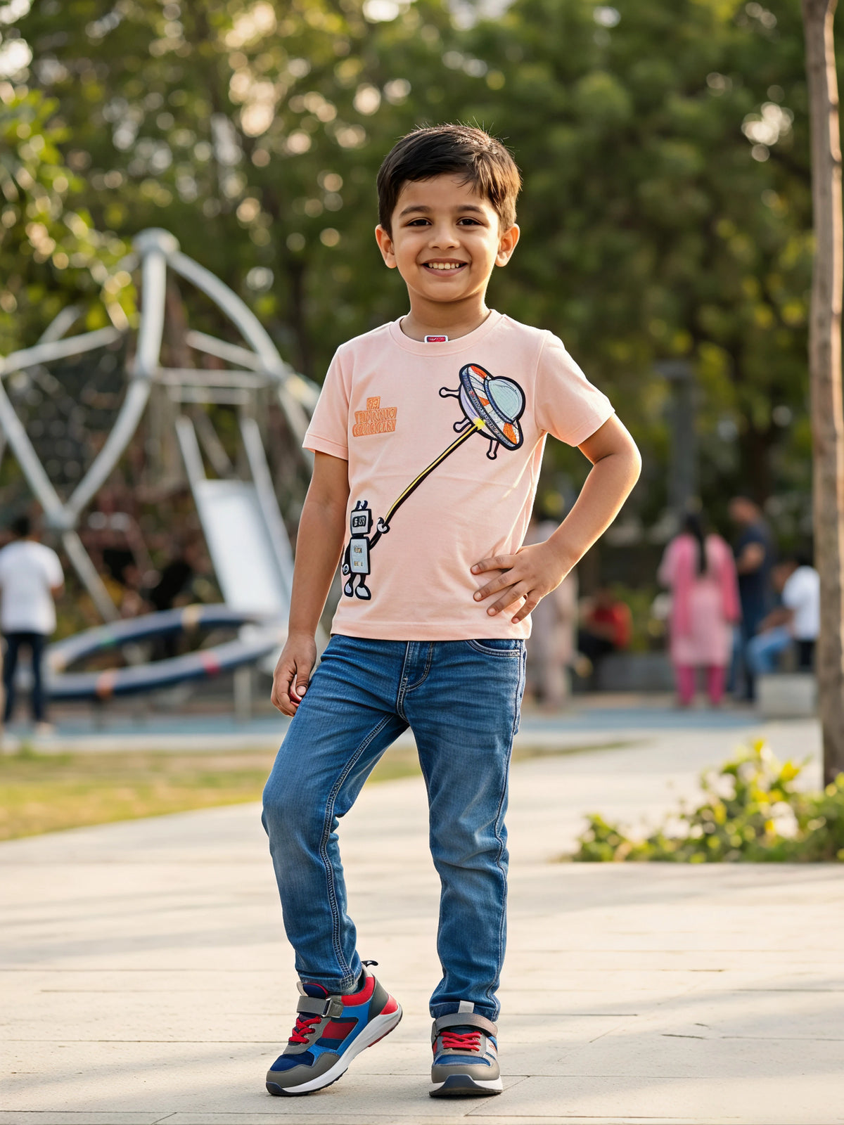 Boys Peach Robot & UFO Graphic Cotton T-Shirt