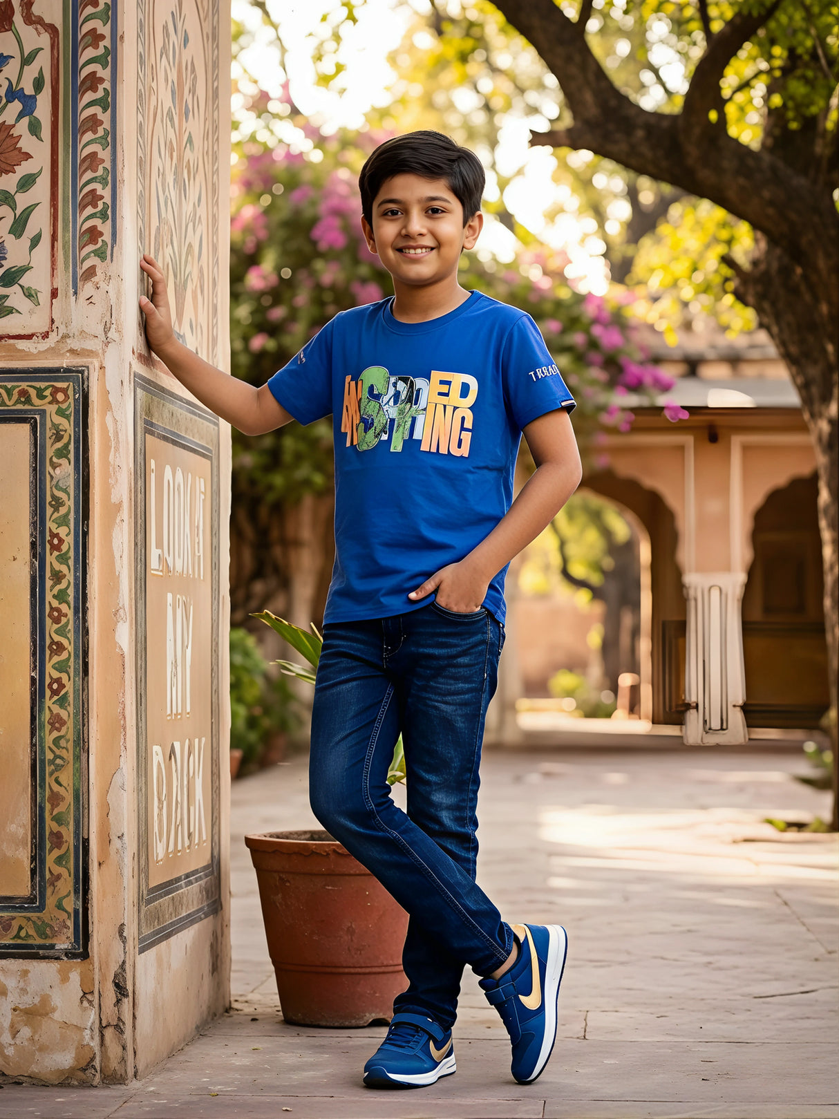 Boys Royal Blue "Inspiring" Graphic Print Cotton T-Shirt