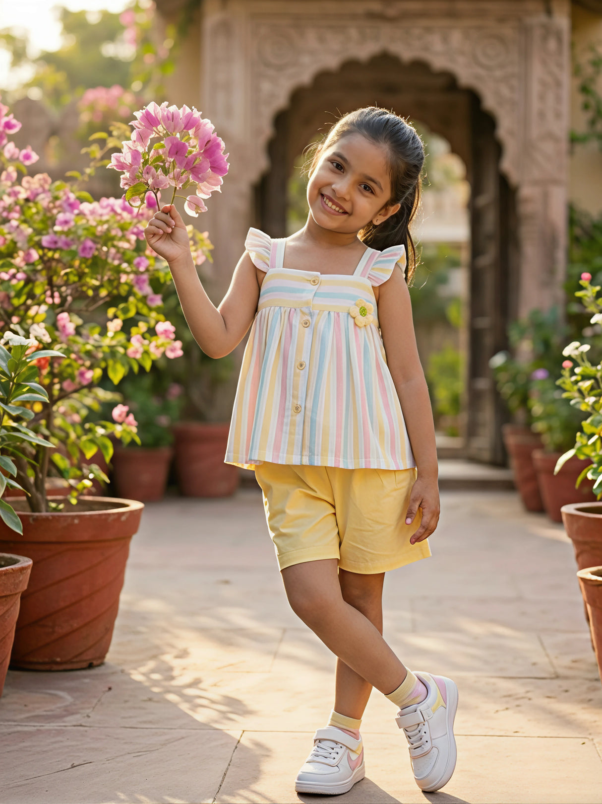 Girls Pastel Striped Ruffle Top and Yellow Cargo Shorts Coordinate Set