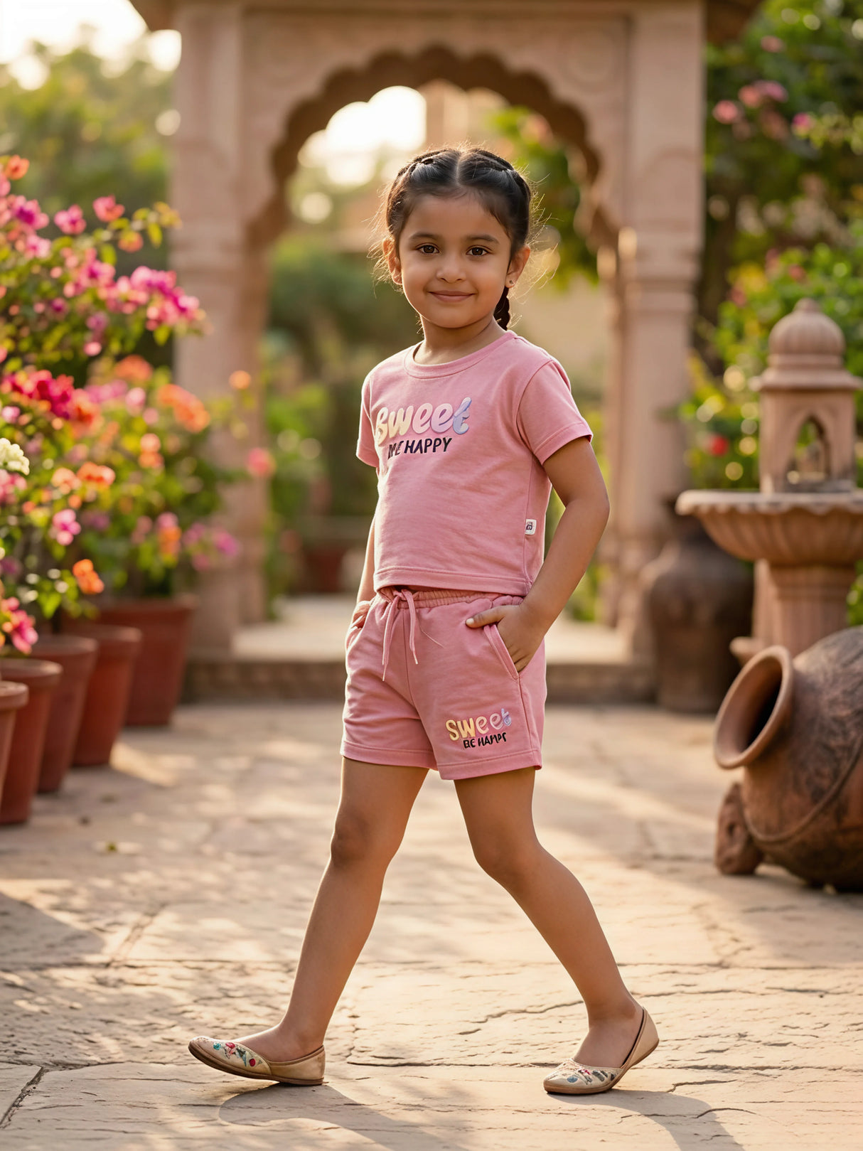 Girls Pink "Sweet Be Happy" Cotton Coordinate Set