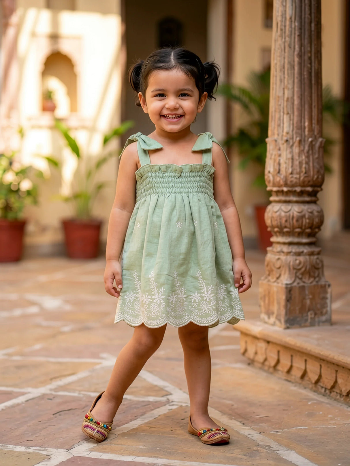 Sage Green Smocked Cotton Frock for Girls
