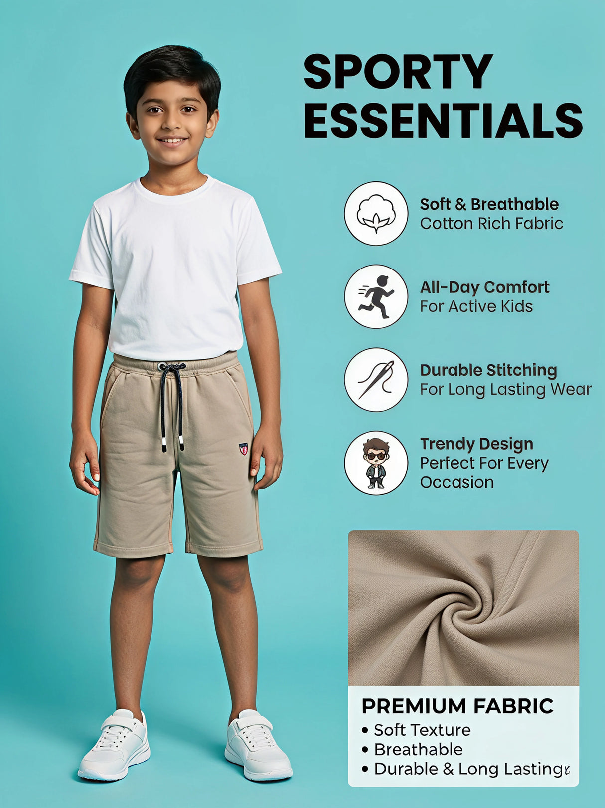 Boys Premium Cream Cotton Blend Casual Shorts