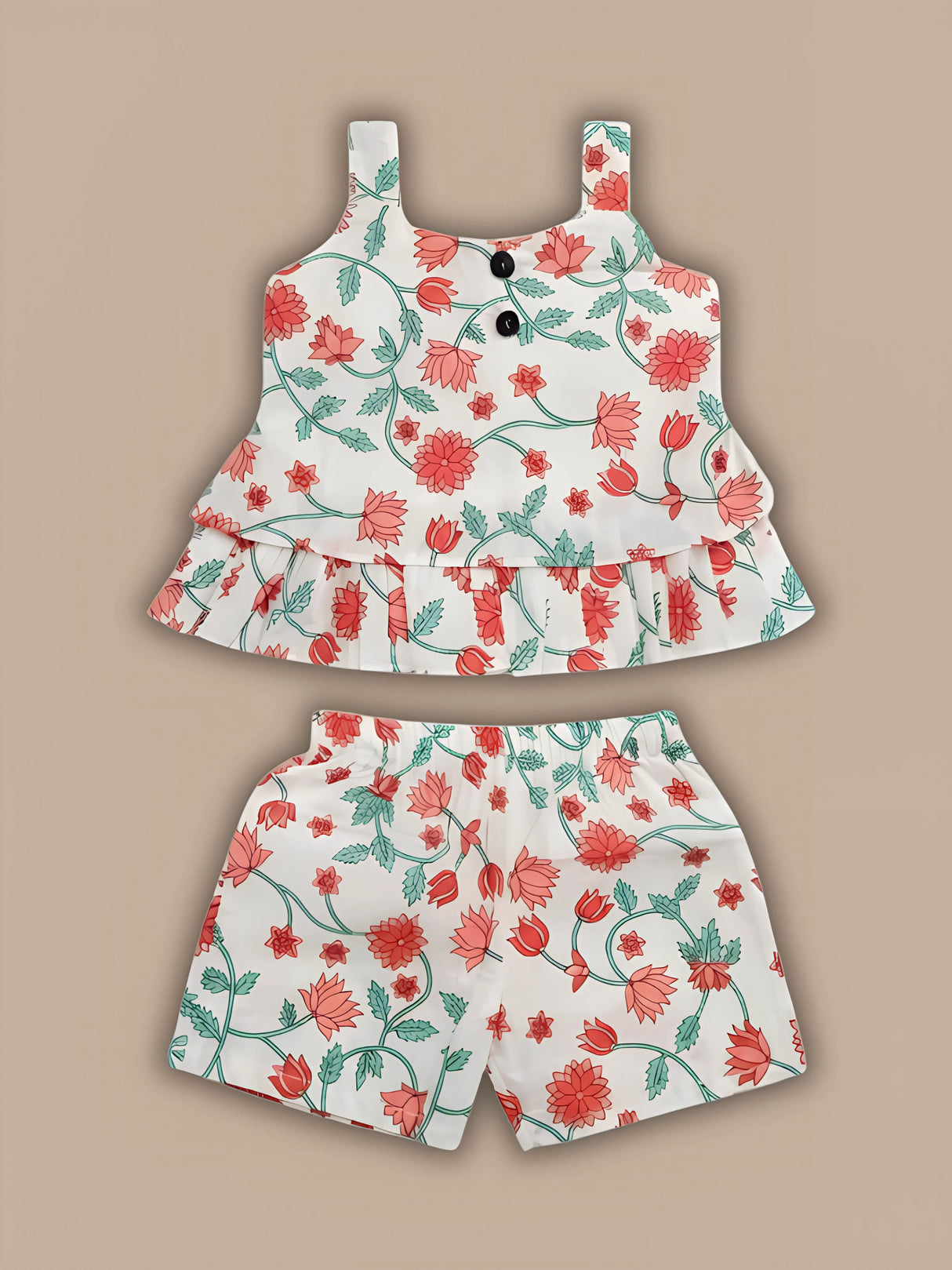Girls Cream Floral Print Sleeveless Top & Shorts Co-ord Set