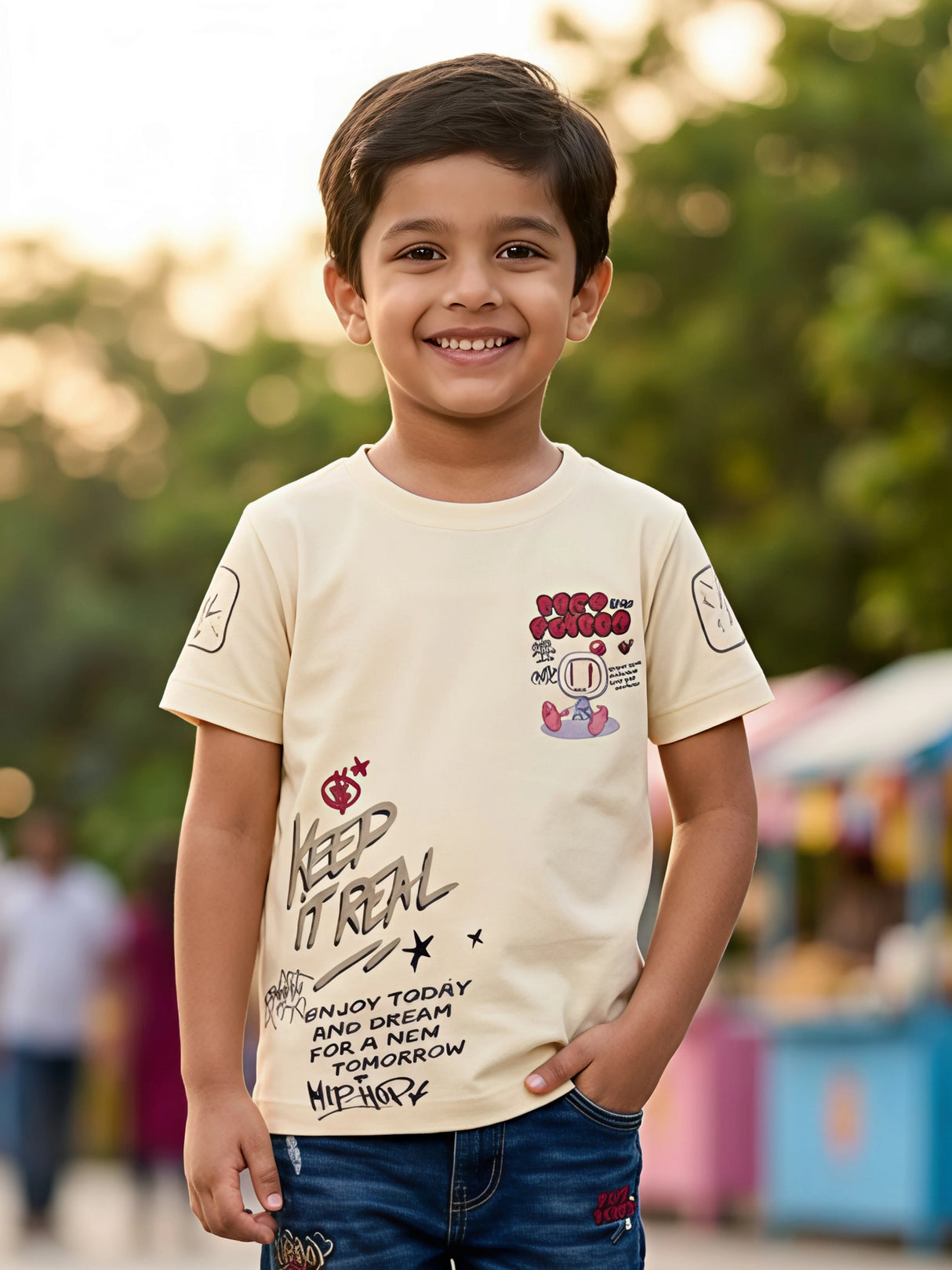 Boys Cream Graphic Print Cotton T-Shirt