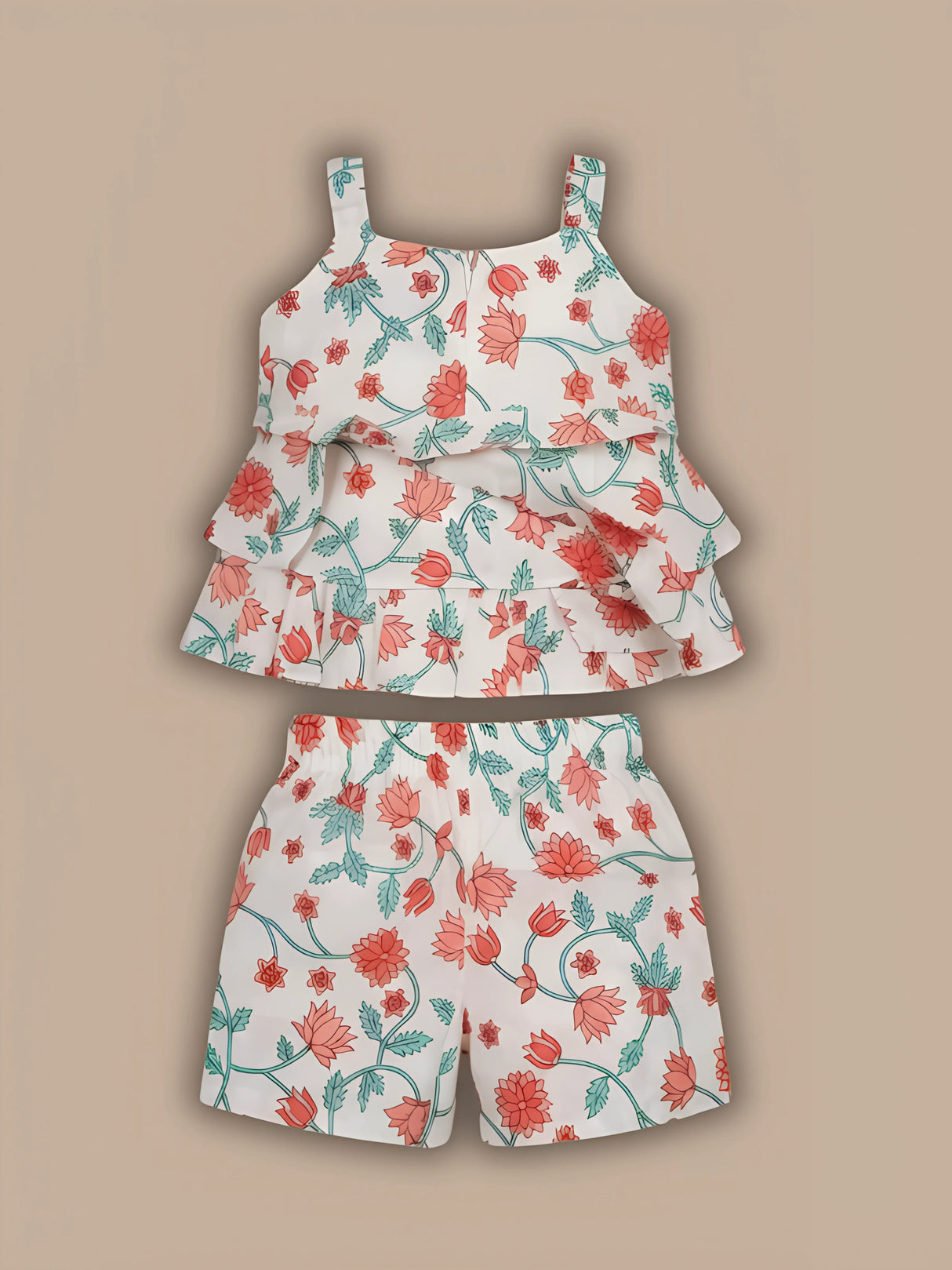 Girls Cream Floral Print Sleeveless Top & Shorts Co-ord Set