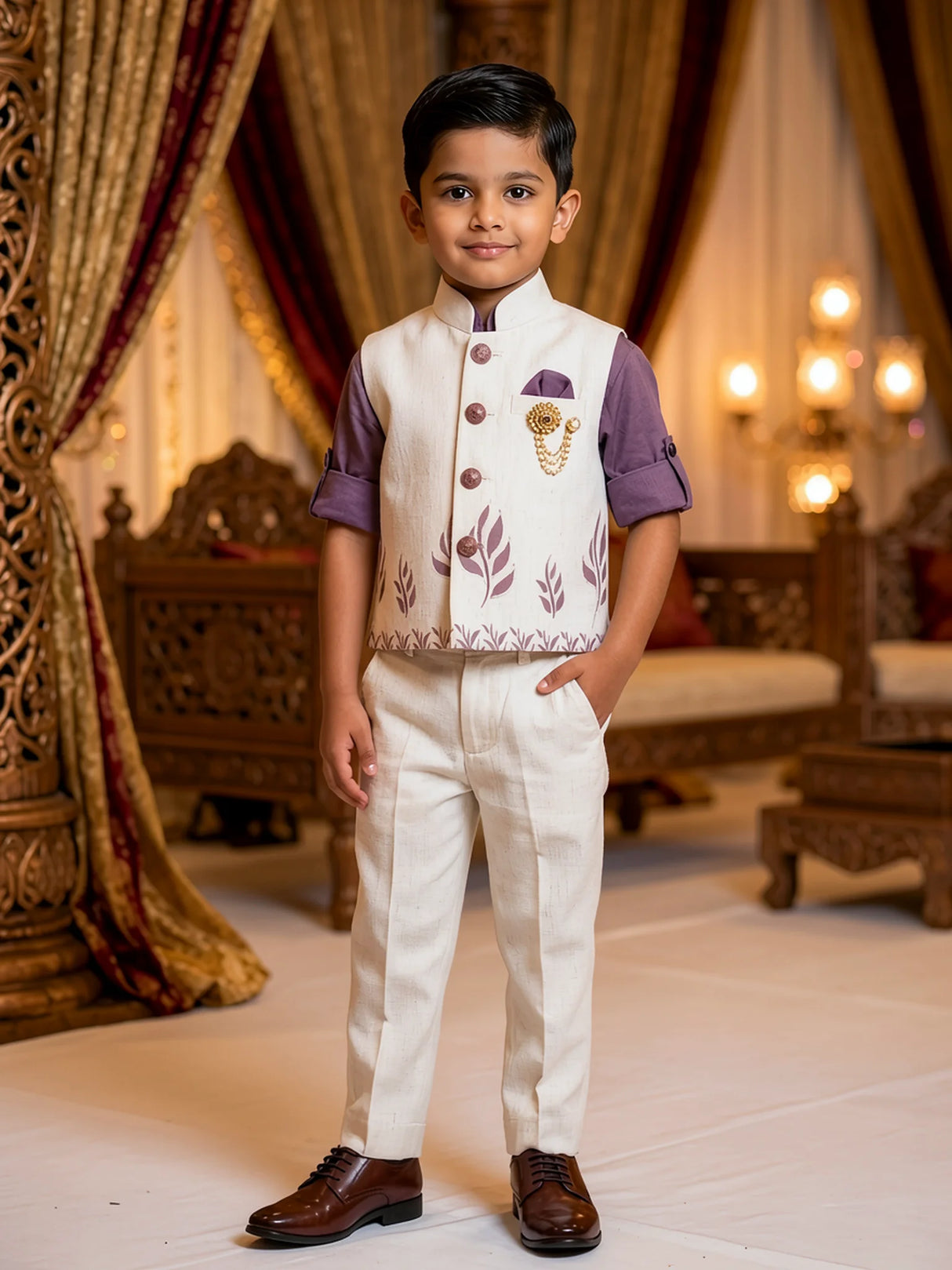 Boys Festive Purple Shirt & Floral Print Waistcoat Set