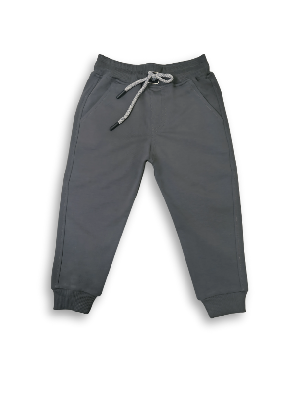 Boys' dark charcoal grey jogger pants with an elastic waist, cuffed ankles, and a visible speckled grey and white rope drawcord.
Export to Sheets