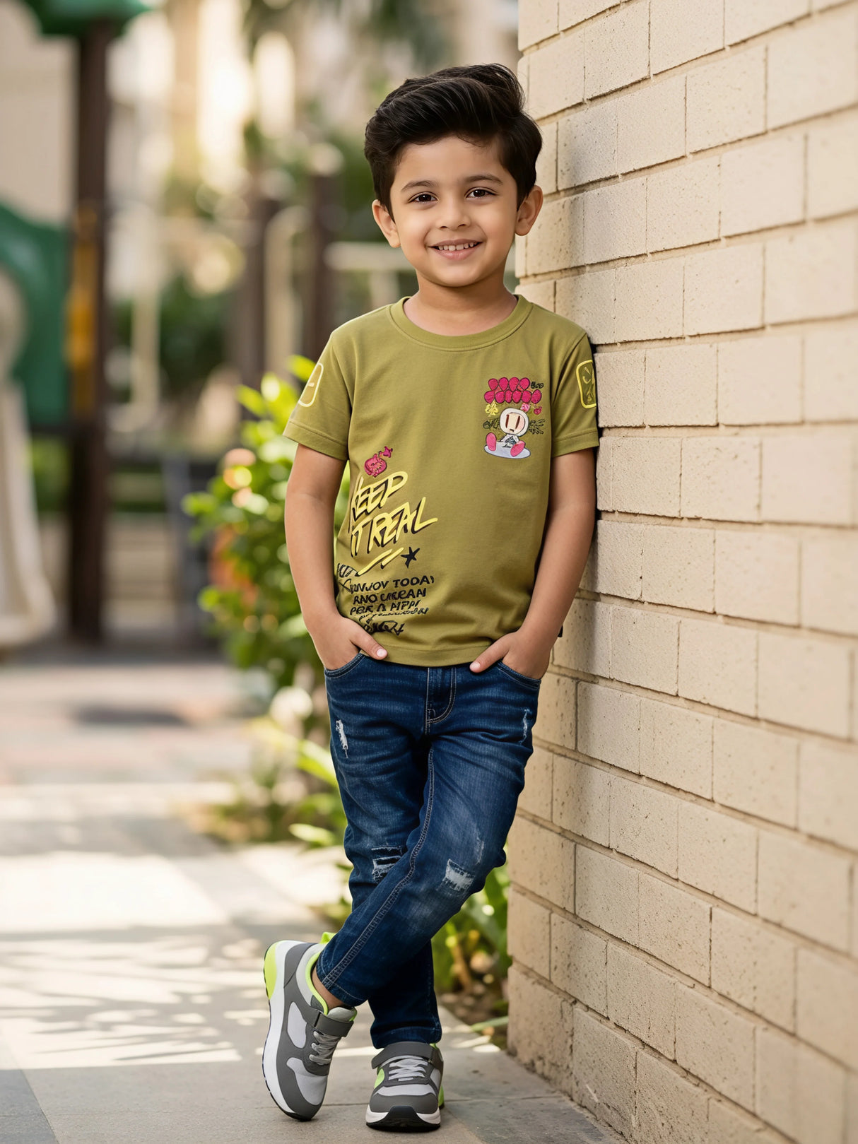 Boys Olive Green Graphic Print Cotton T-Shirt