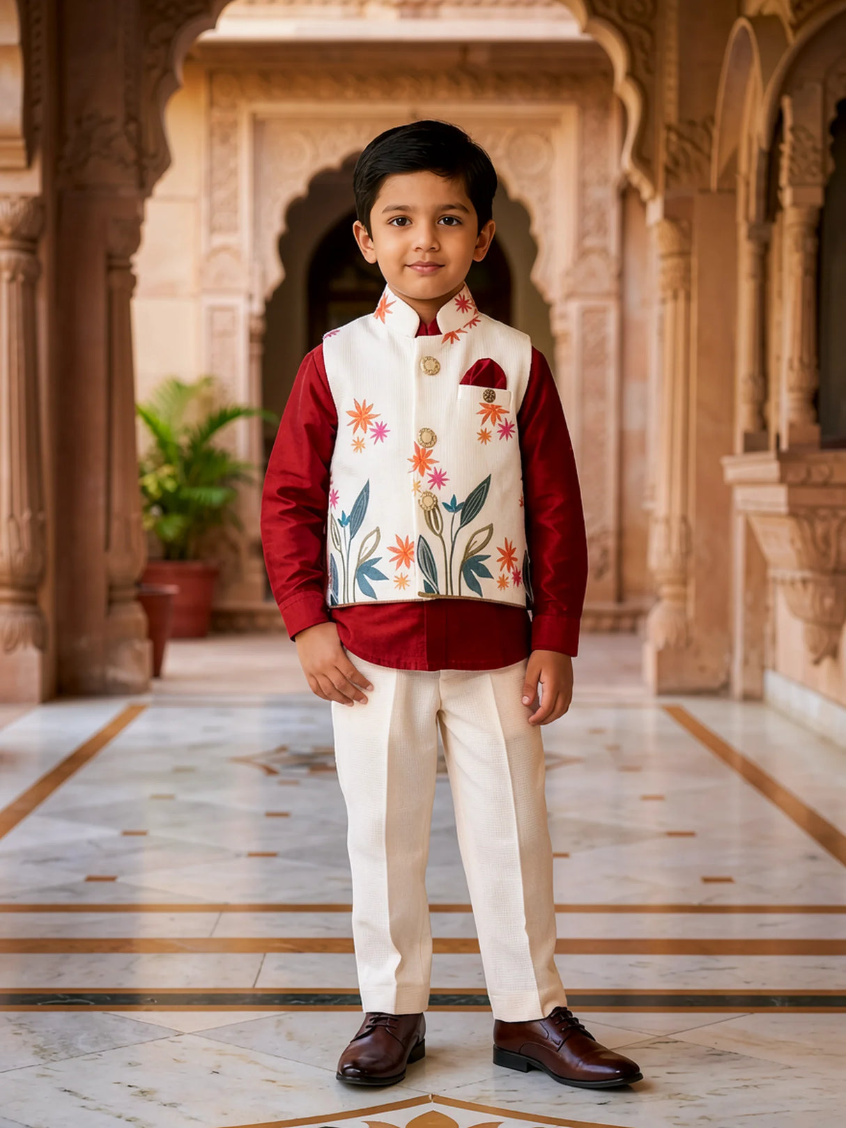 Boys Orange Floral Embroidered Waistcoat with Shirts & Trouser Set