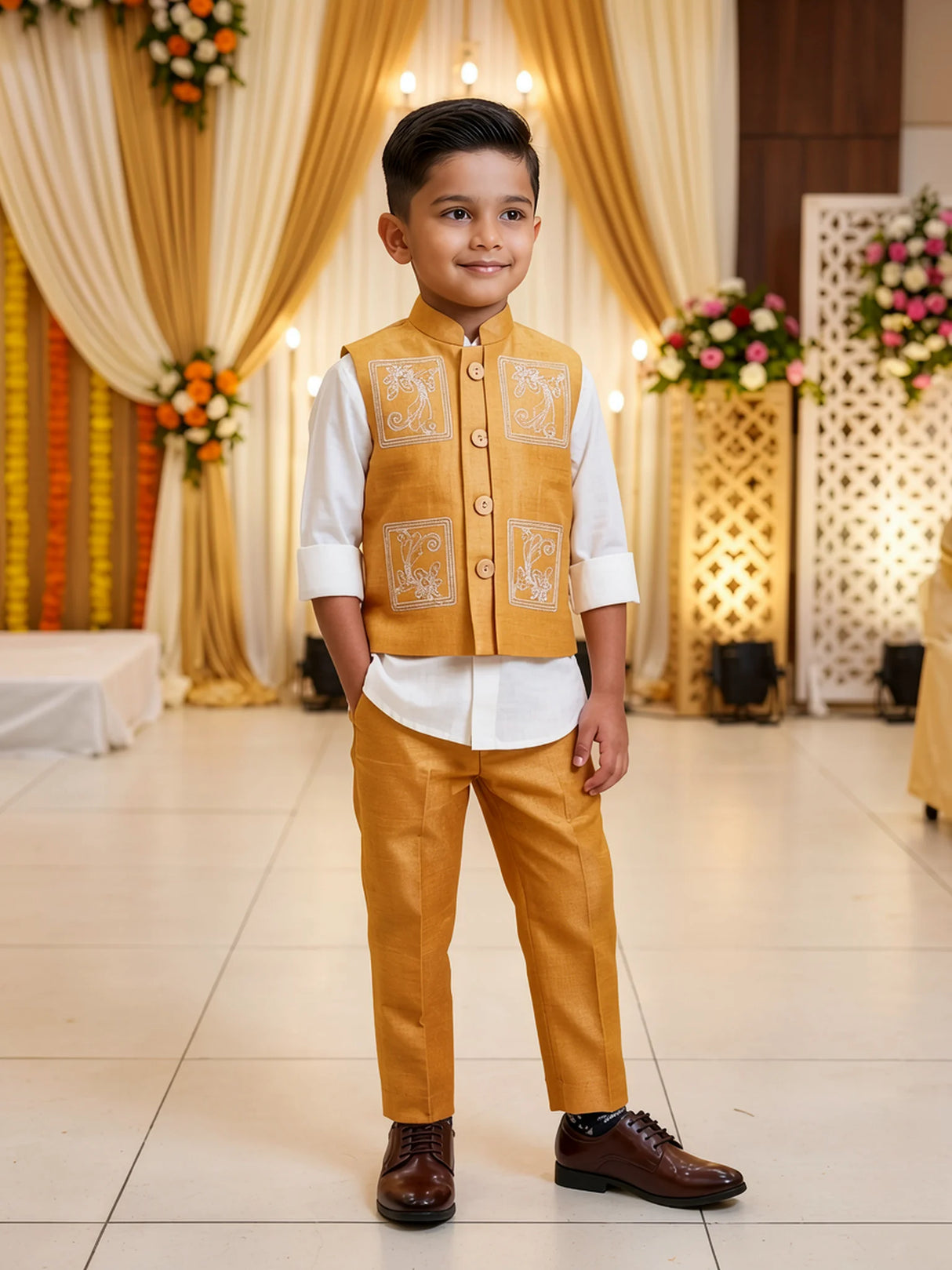 Boys Mustard Yellow Embroidered Waistcoat with Shirt and Trousers Set