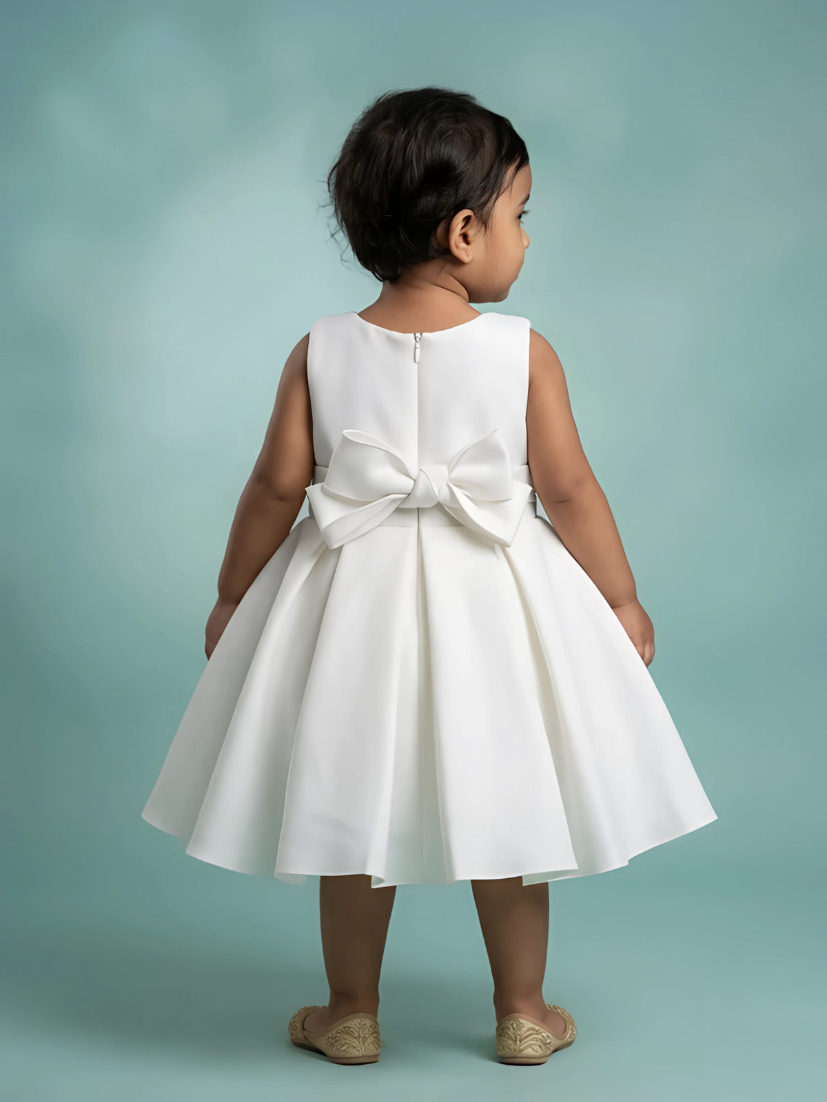 Girls White Sequin Bow Party Wear Frock.