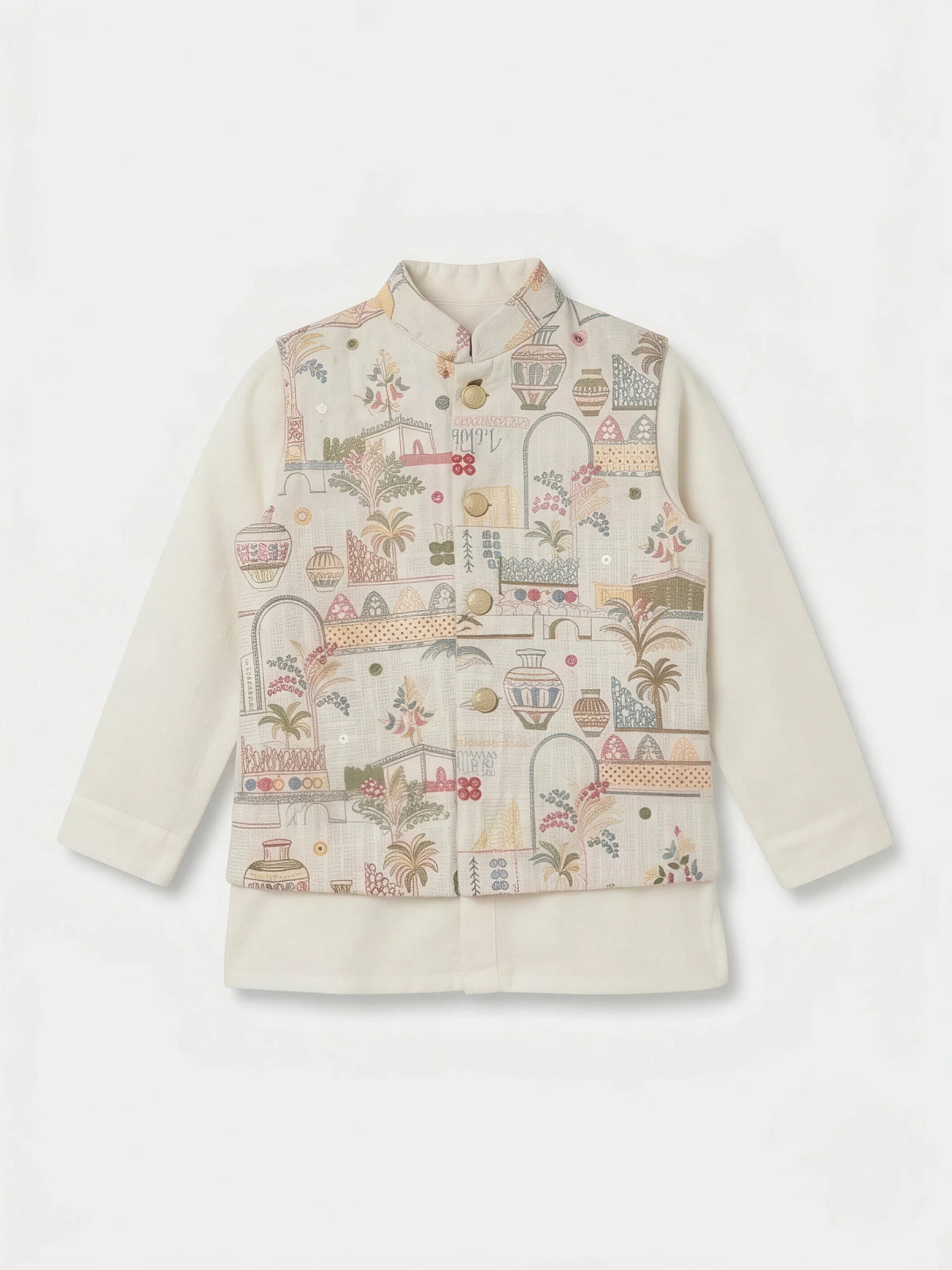 Boys Cream Printed Nehru Jacket Waistcoat Set