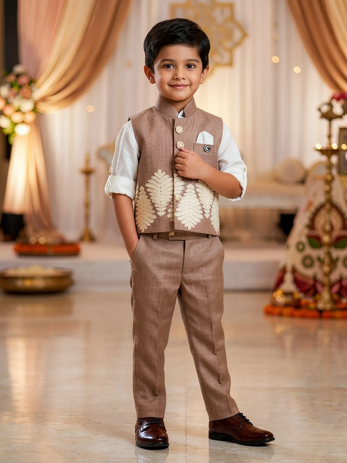 Boys Brown Embroidered Waistcoat with Trousers & Shirt Set