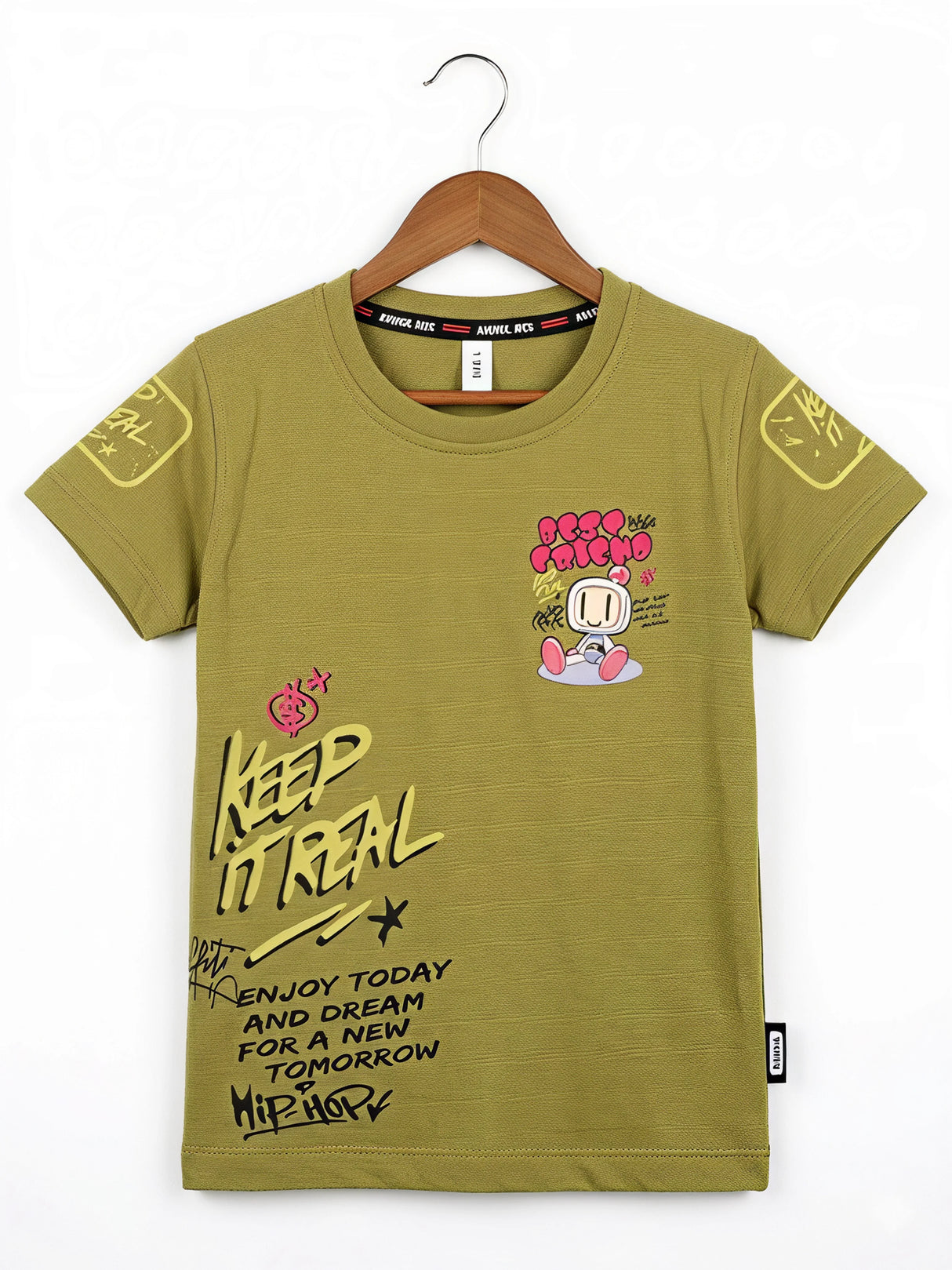 Boys Olive Green Graphic Print Cotton T-Shirt