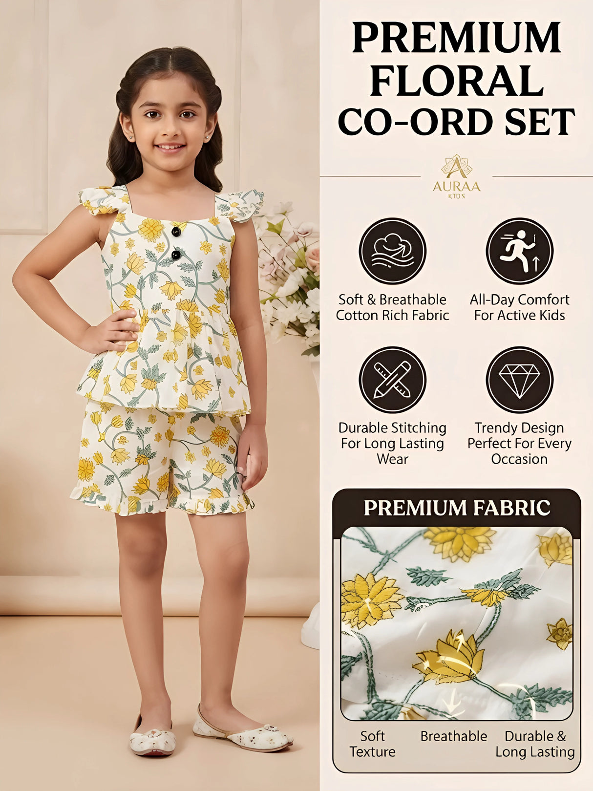 Girls Cream Floral Print Co-ord Set – Ruffled Sleeveless Top & Matching Shorts