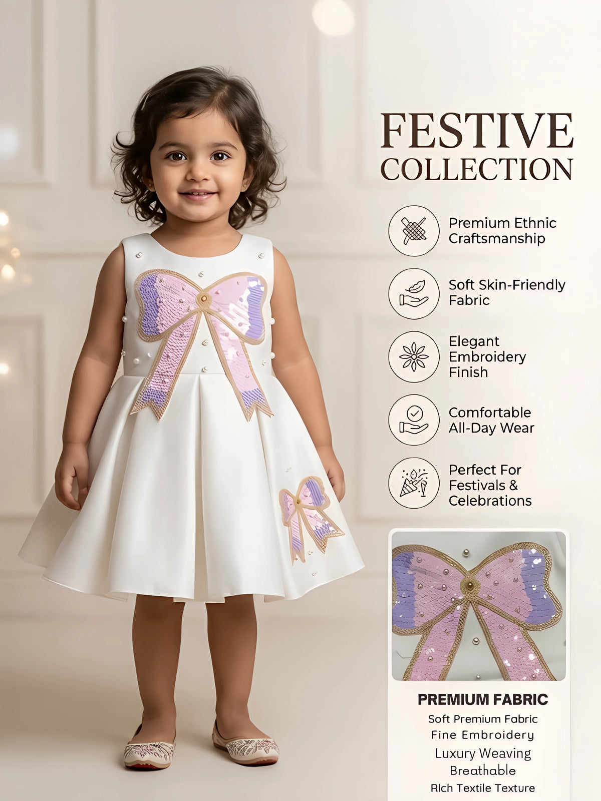 Girls White Sequin Bow Party Wear Frock.
