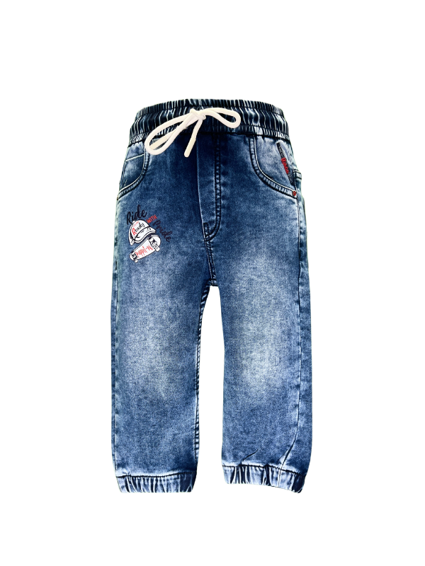 Boys' medium blue wash jogger pants with an elastic waist, white drawstring, embroidered patch on the left thigh, and cuffed ankles.
Export to Sheets