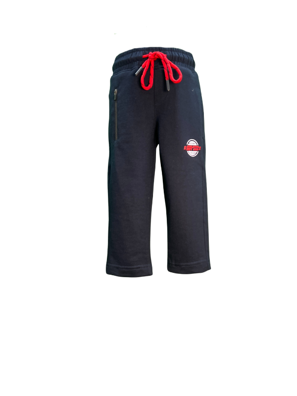 Boys' dark navy blue knit jogger pants with a gathered elastic waistband, bright red drawstring, side zip pocket, and a circular sport patch graphic.
Export to Sheets