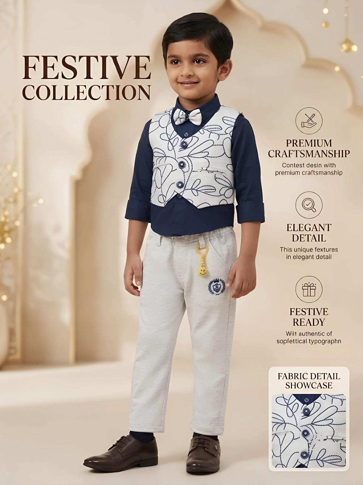 Boys Navy Blue Waistcoat Set with Embroidered Vest