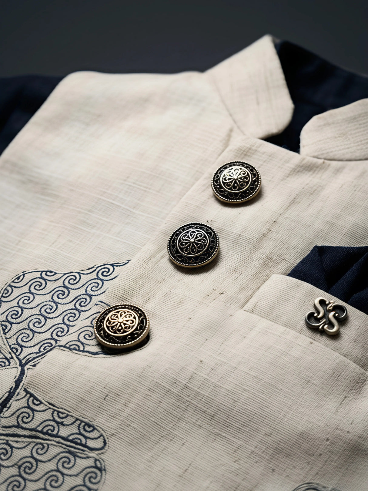 Boys Navy Blue Ethnic Shirts Set with Printed Nehru Jacket