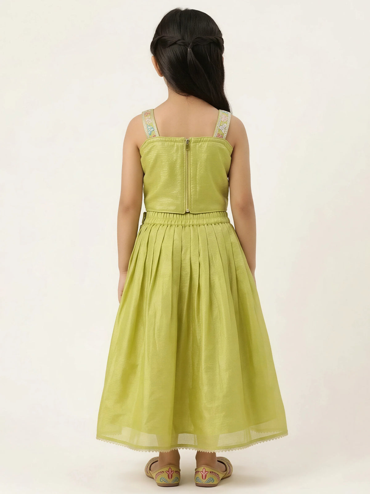 Green Butterfly Embroidered Lehenga Choli Set for Girls